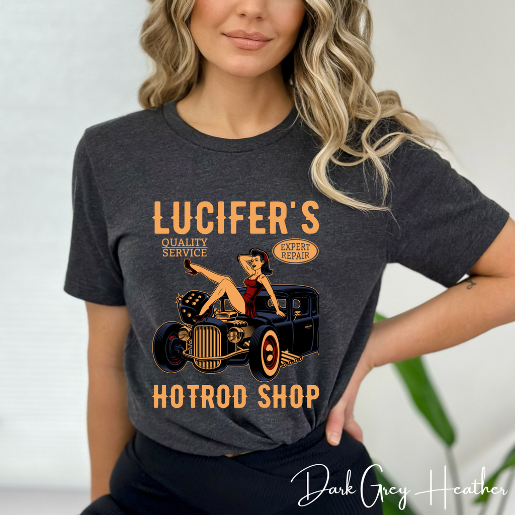 Lucifer’s Hot Rod Shop T-Shirt 🔥 | Retro Pinup Girl & Hot Rod Tee | Rockabilly Vintage Style Graphic Bella Canvas 3001 Tshirt