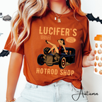 Lucifer’s Hot Rod Shop T-Shirt 🔥 | Retro Pinup Girl & Hot Rod Tee | Rockabilly Vintage Style Graphic Bella Canvas 3001 Tshirt