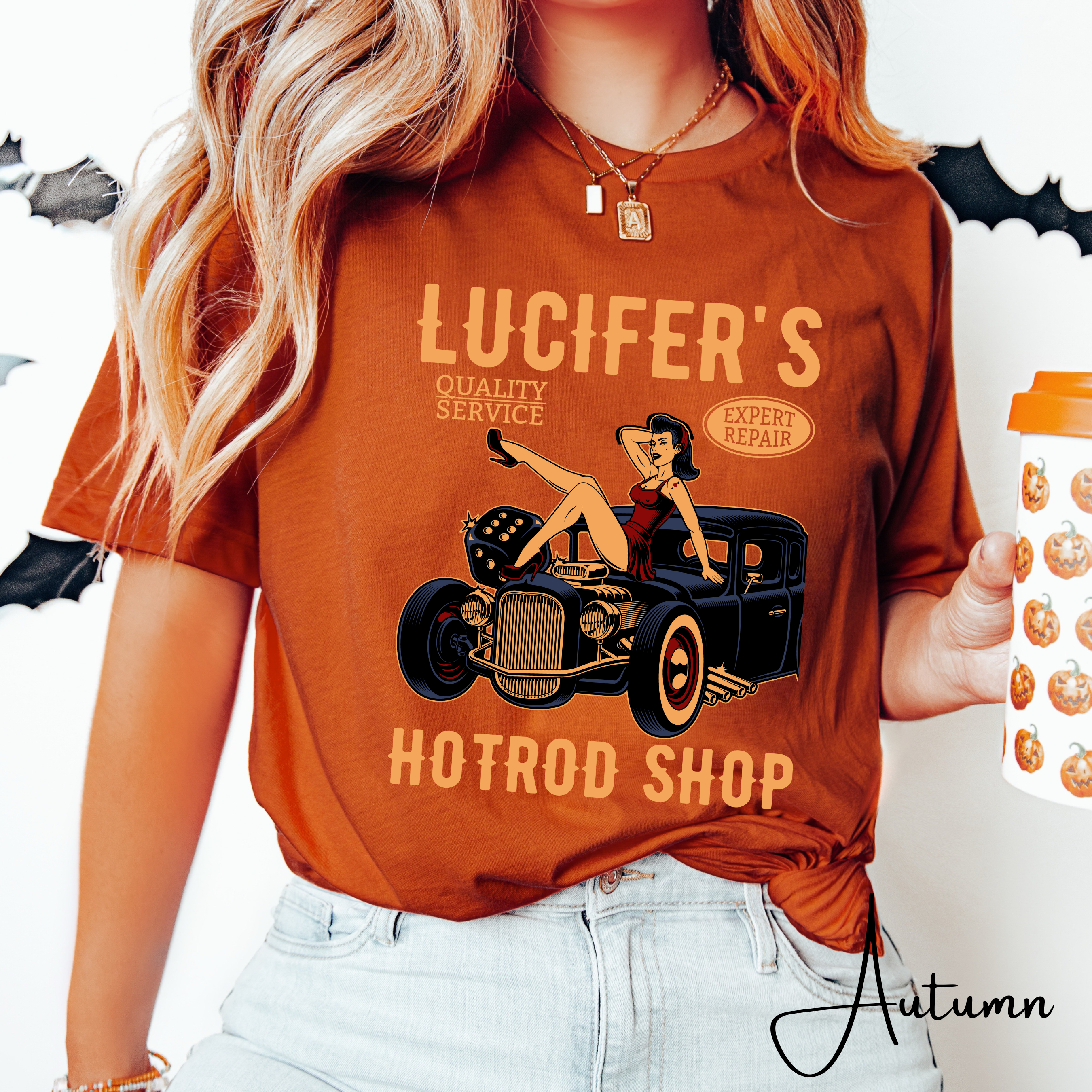 Lucifer’s Hot Rod Shop T-Shirt 🔥 | Retro Pinup Girl & Hot Rod Tee | Rockabilly Vintage Style Graphic Bella Canvas 3001 Tshirt