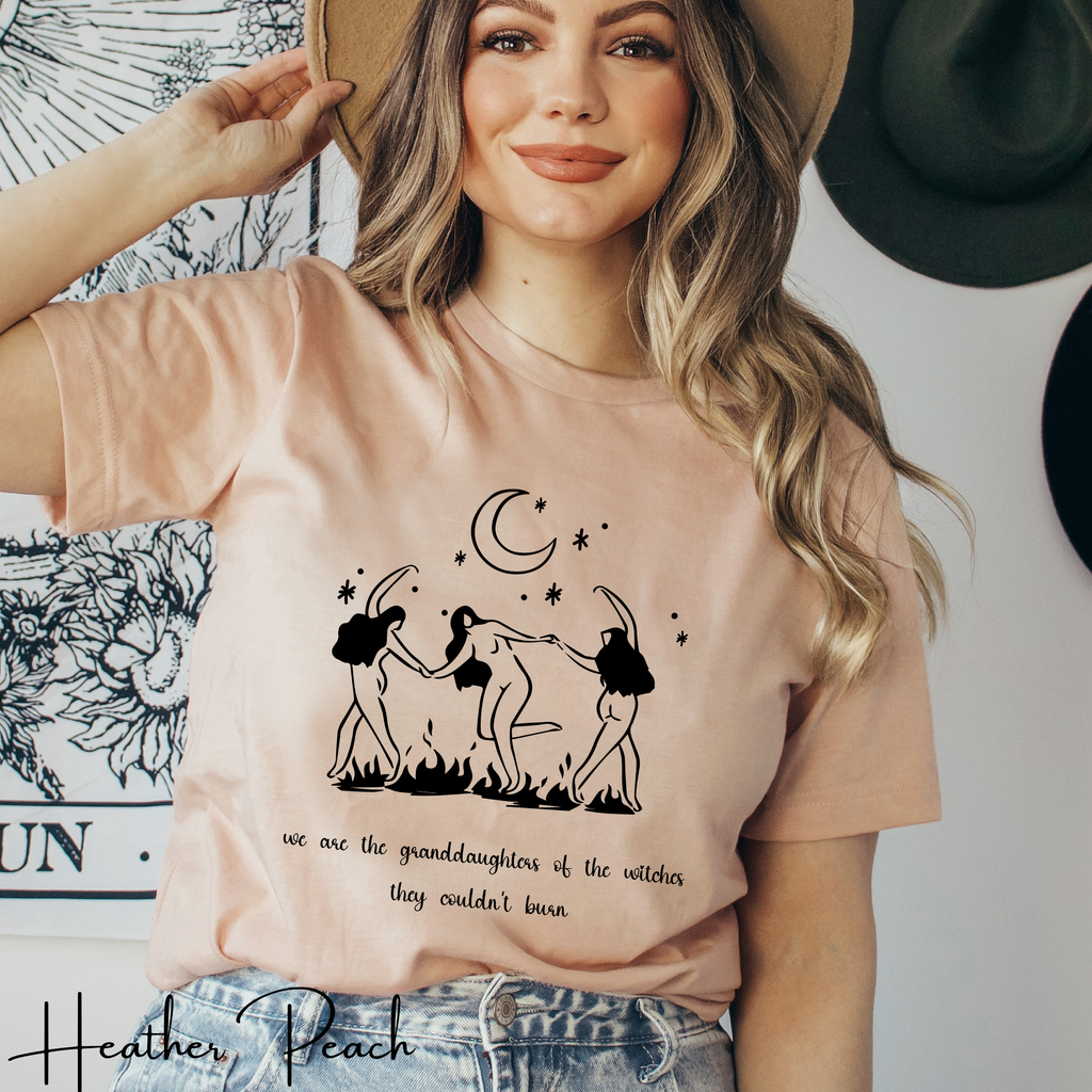 🔥 We Are the Granddaughters of the Witches They Could Not Burn | Women’s Empowerment Witchy Tee ✨ Dancing Sisters Feminist Graphic Shirt 🌙🖤 Bella Canvas 3001 Tshirt