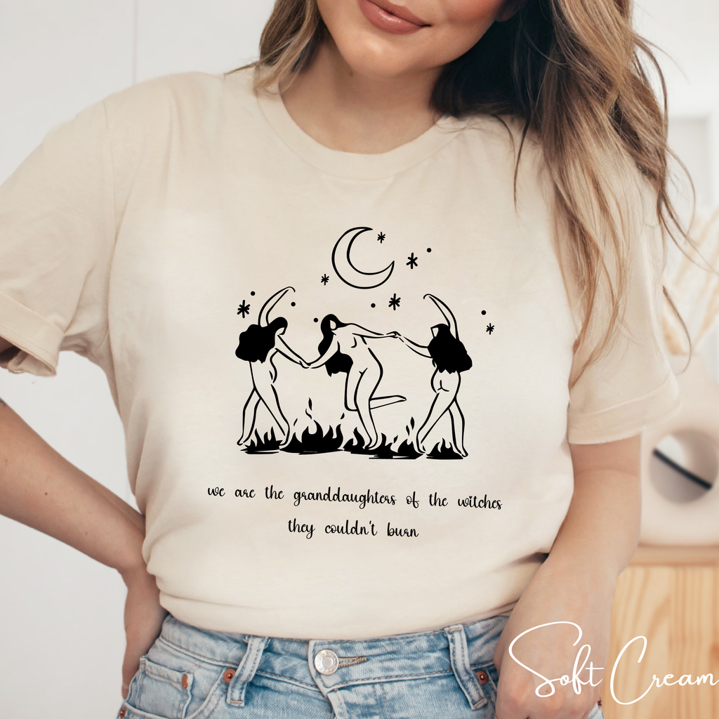 🔥 We Are the Granddaughters of the Witches They Could Not Burn | Women’s Empowerment Witchy Tee ✨ Dancing Sisters Feminist Graphic Shirt 🌙🖤 Bella Canvas 3001 Tshirt