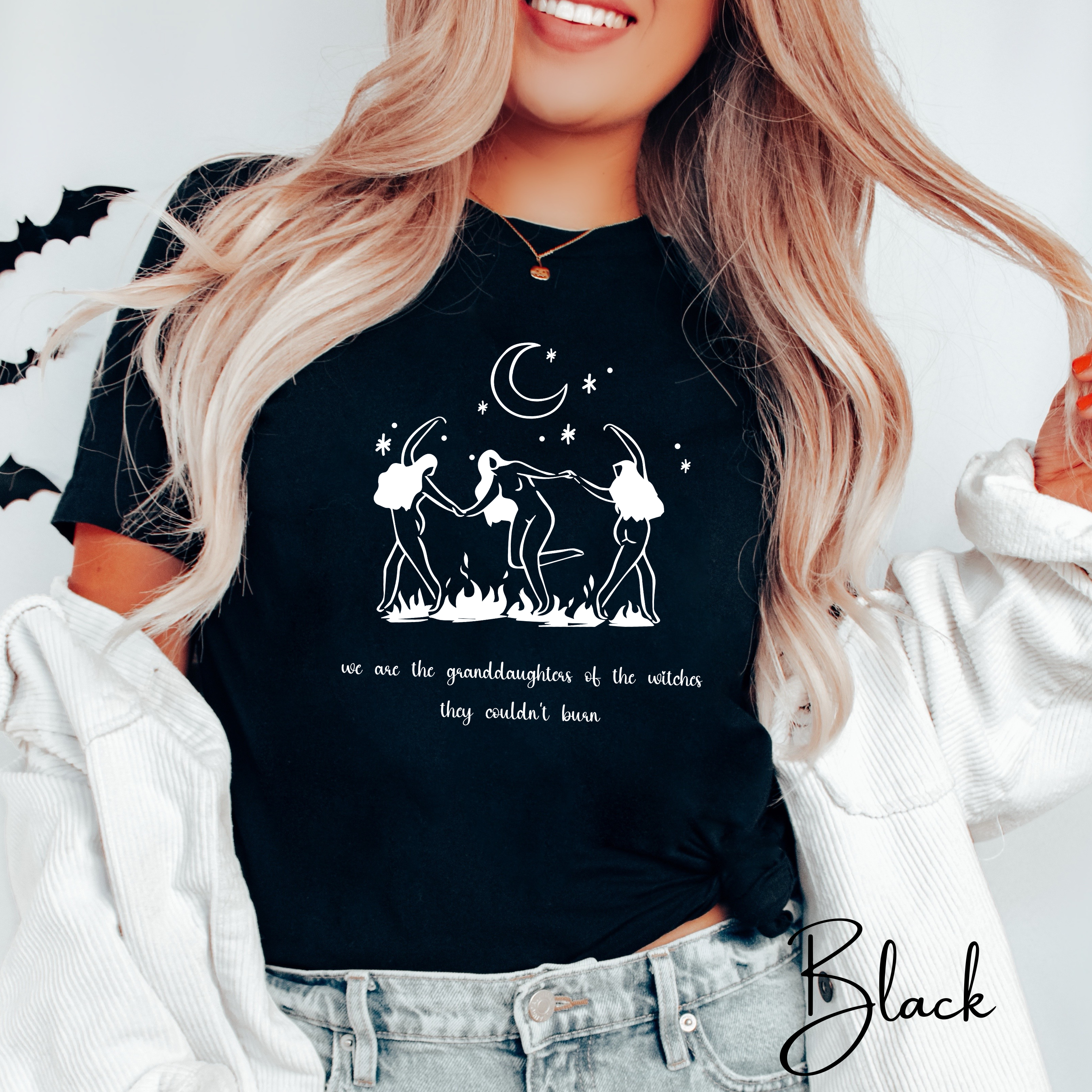 🔥 We Are the Granddaughters of the Witches They Could Not Burn | Women’s Empowerment Witchy Tee ✨ Dancing Sisters Feminist Graphic Shirt 🌙🖤 Bella Canvas 3001 Tshirt