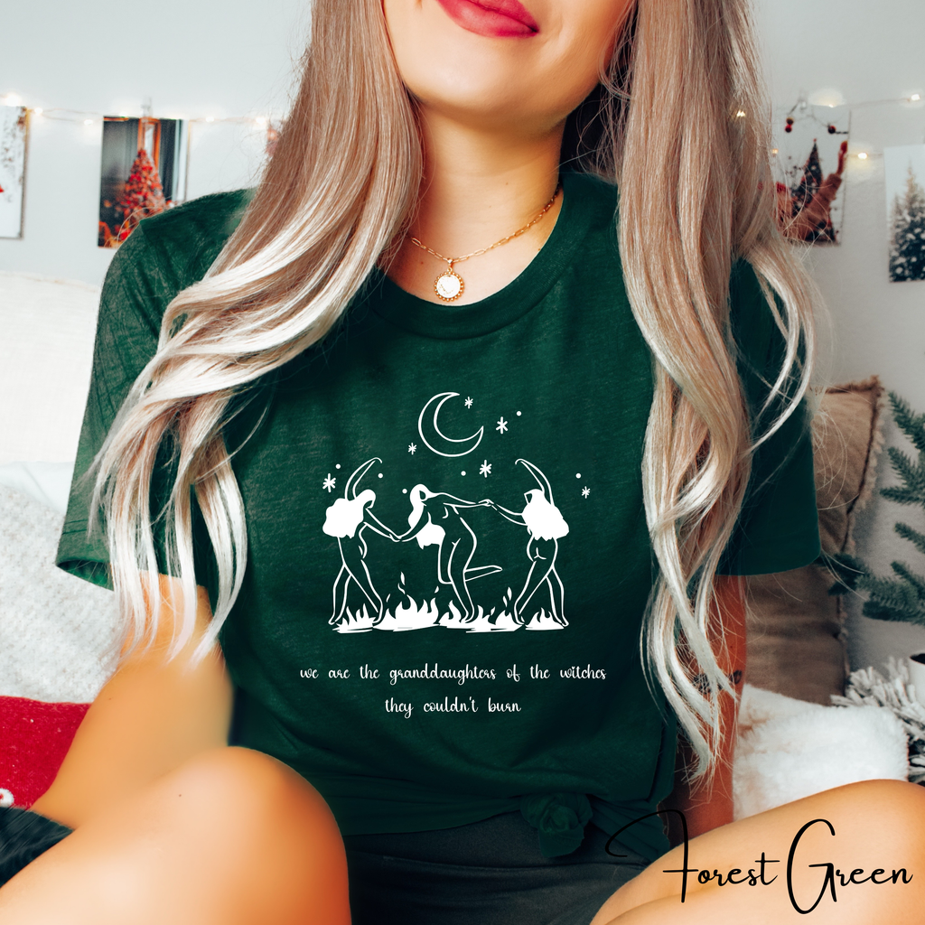 🔥 We Are the Granddaughters of the Witches They Could Not Burn | Women’s Empowerment Witchy Tee ✨ Dancing Sisters Feminist Graphic Shirt 🌙🖤 Bella Canvas 3001 Tshirt