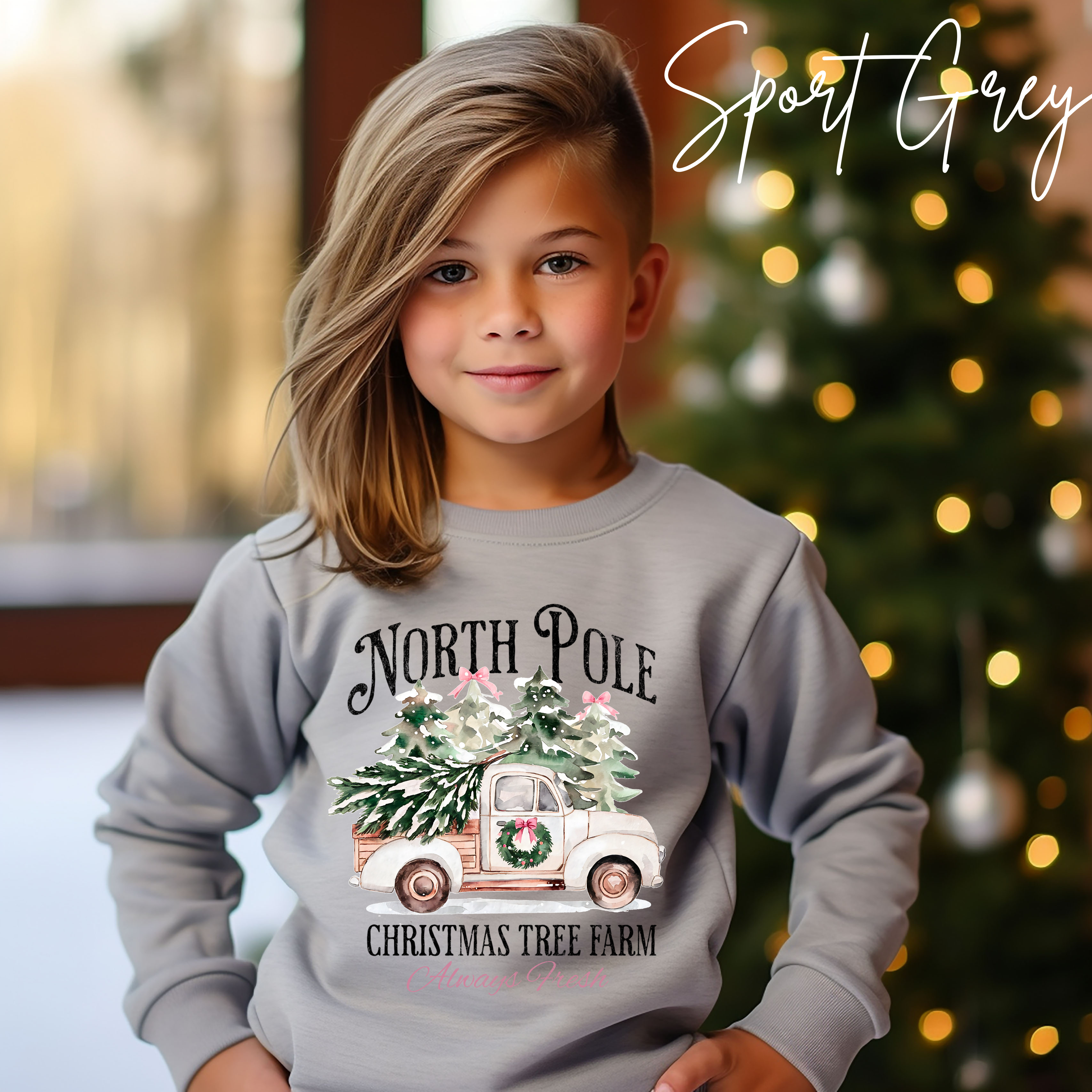 Kids North Pole Christmas Tree Farm Sweatshirt | Vintage Truck Holiday Kids Gildan 18000B Sweatshirt
