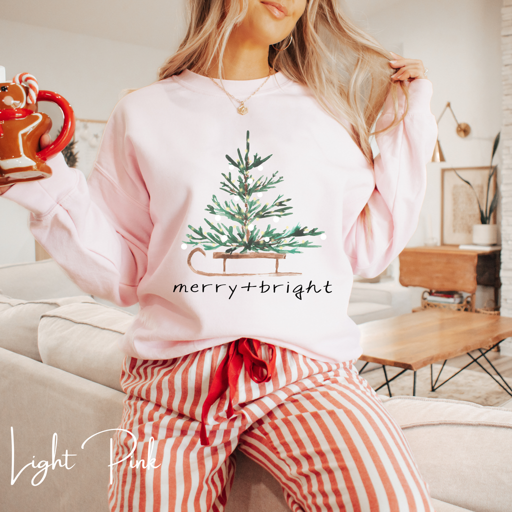 Merry and Bright Christmas Tree Gildan 18000 Sweatshirt