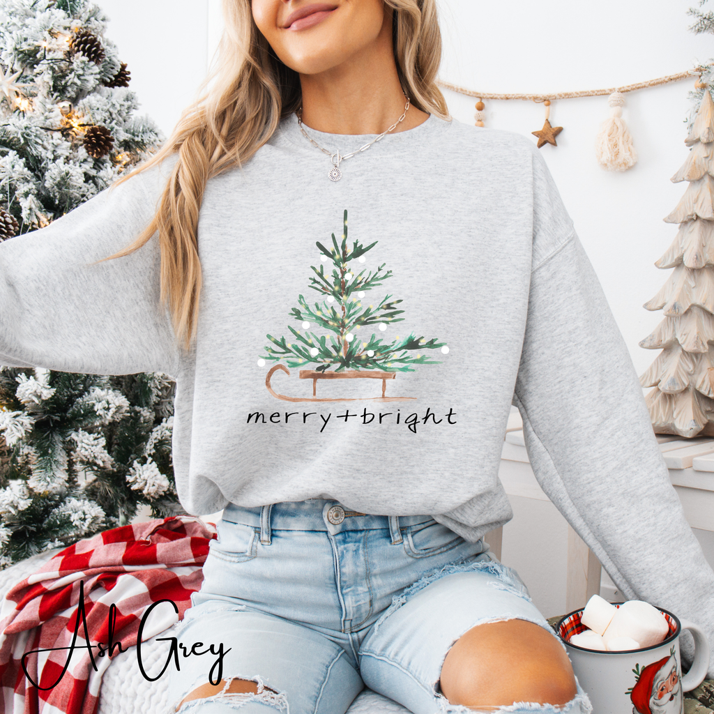 Merry and Bright Christmas Tree Gildan 18000 Sweatshirt