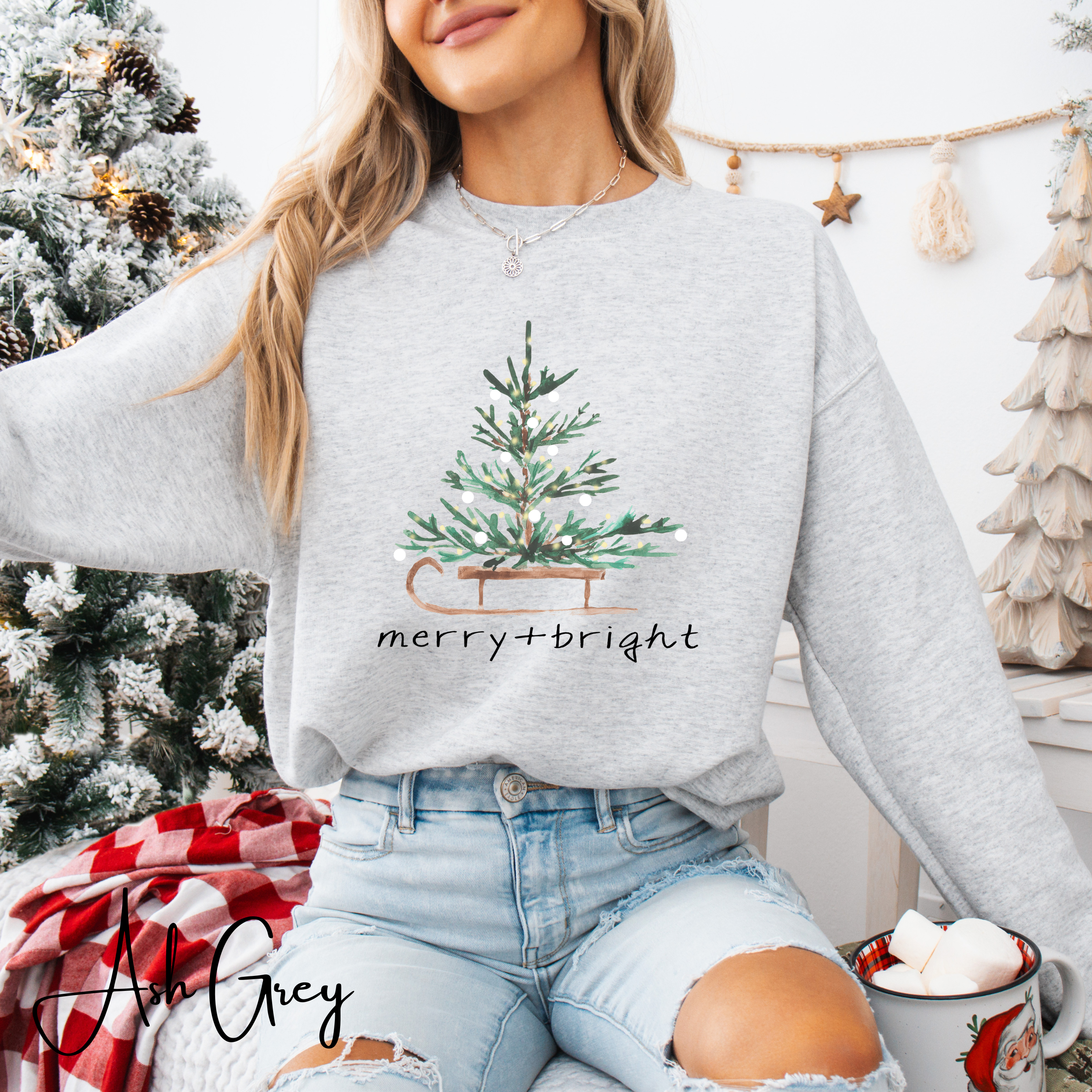 Merry and Bright Christmas Tree Gildan 18000 Sweatshirt
