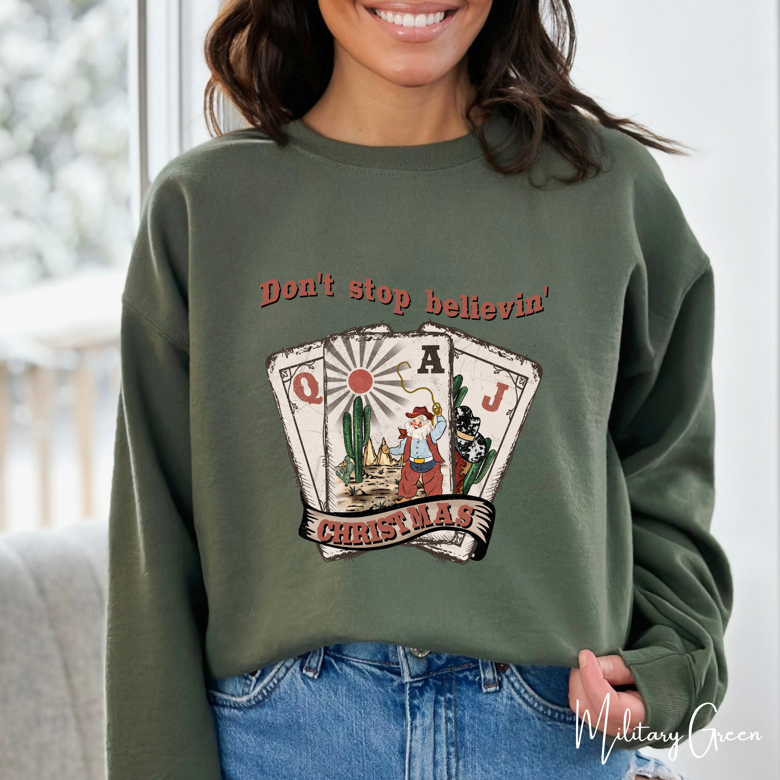 Don't Stop Believing Santa Christmas Gildan 18000 Sweatshirt