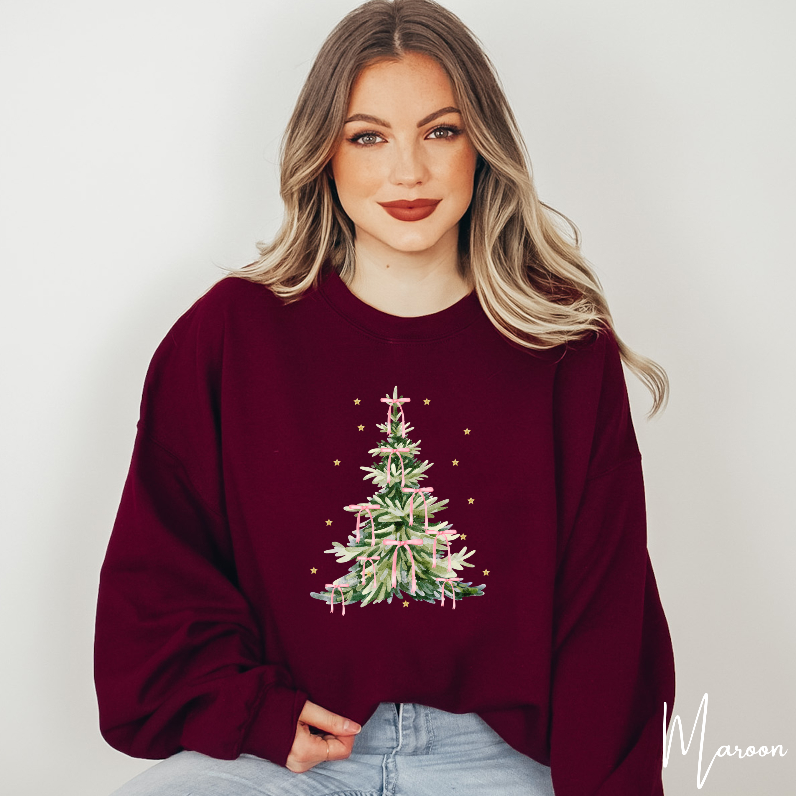 🎀🎄 Vintage Coquette Christmas Tree Sweatshirt – Retro Holiday Tree with Bow Decor • Soft & Feminine Festive Crewneck