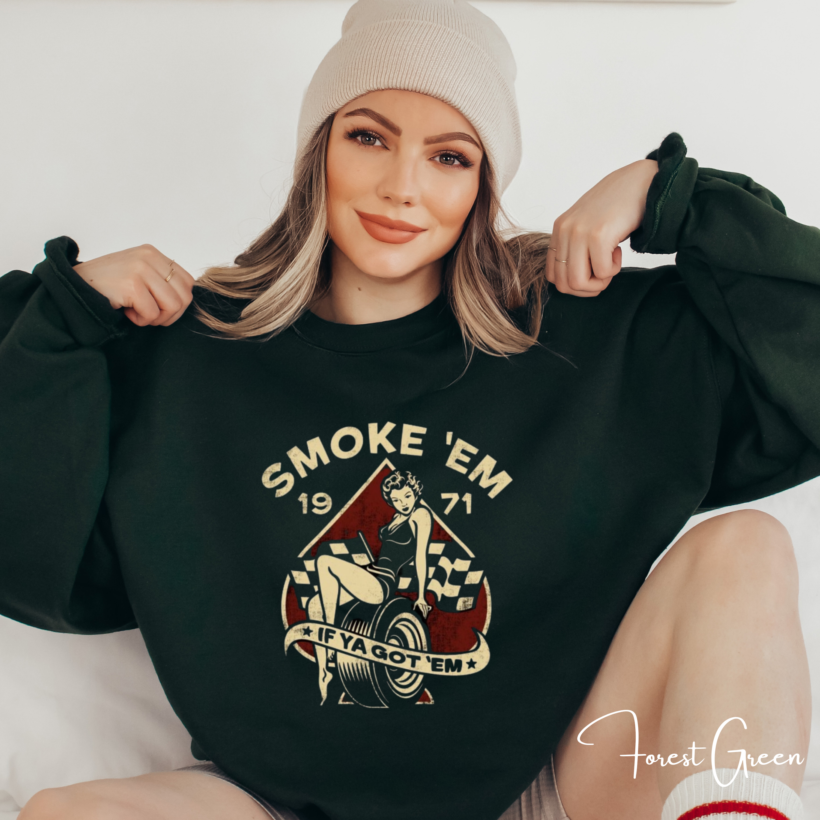 Smoke ’Em If You Got ’Em T-Shirt | Retro Rockabilly Pin-Up Gildan 18000 Sweatshirt