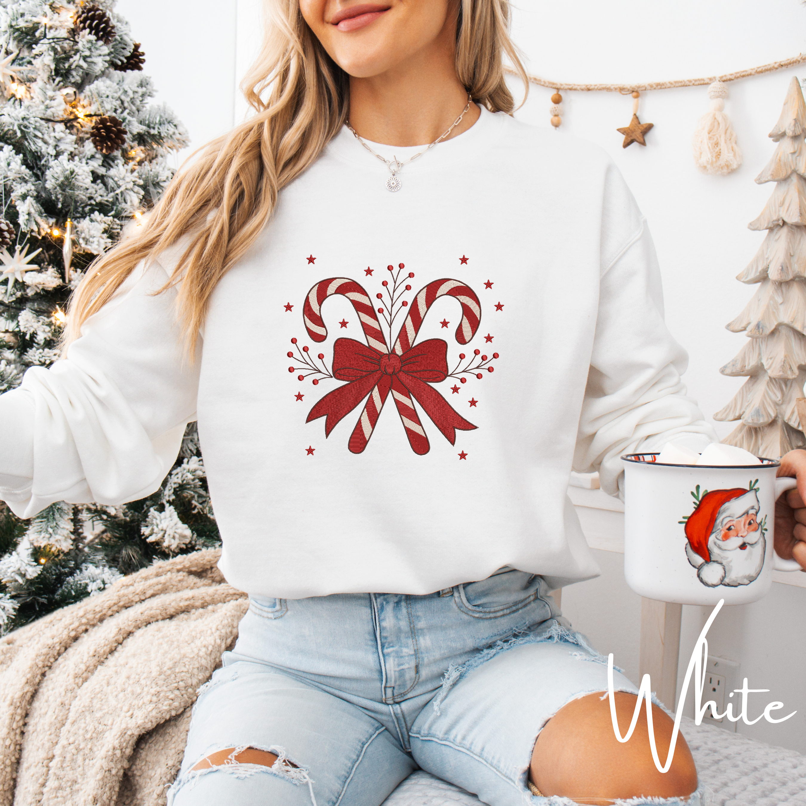 Festive Embroidered Christmas Sweatshirt | Candy Cane Design Gildan 18000 Sweatshirt