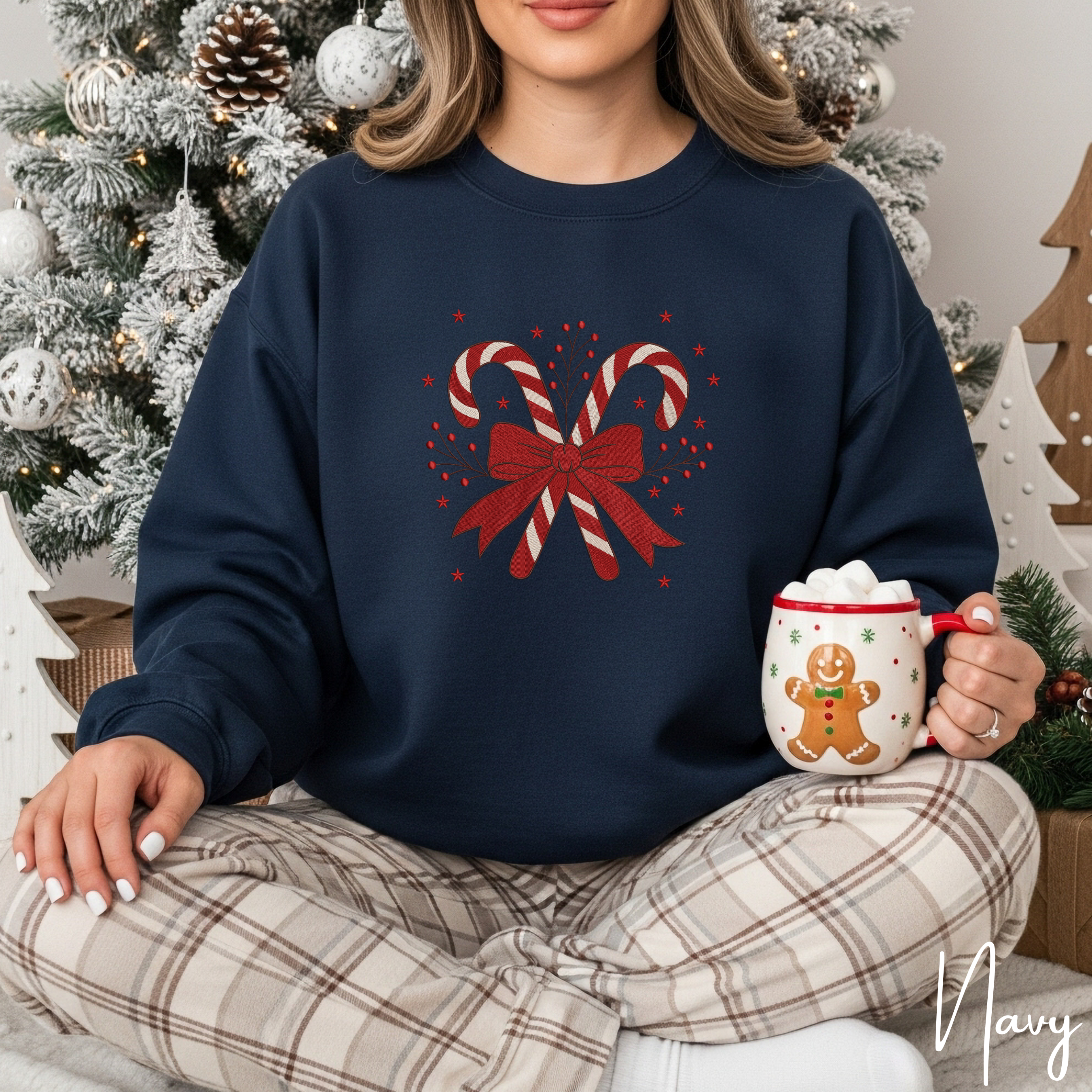 Festive Embroidered Christmas Sweatshirt | Candy Cane Design Gildan 18000 Sweatshirt