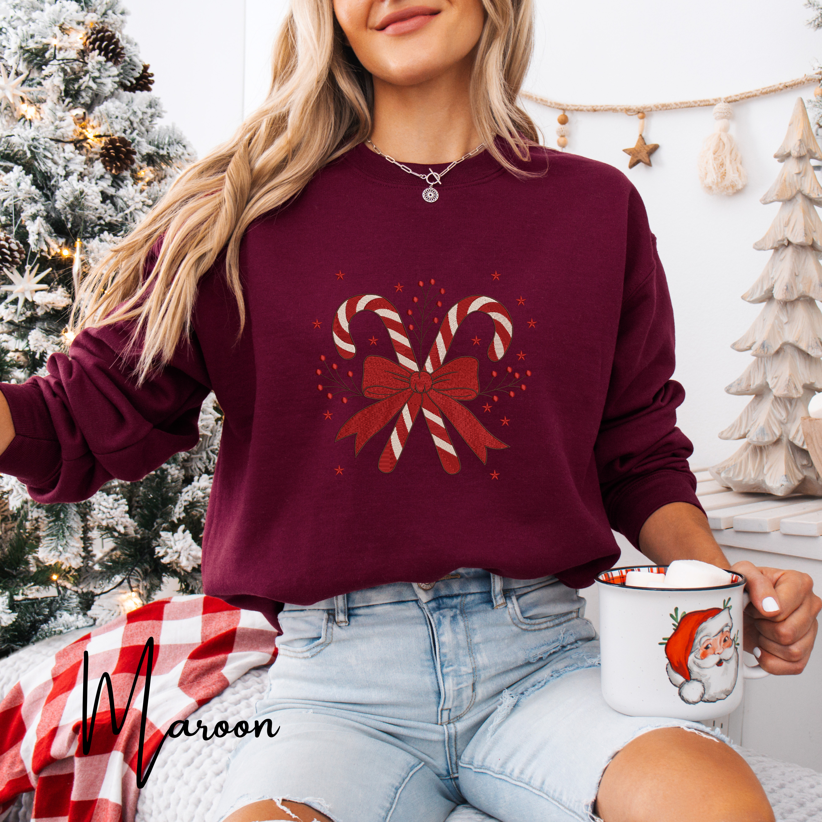 Festive Embroidered Christmas Sweatshirt | Candy Cane Design Gildan 18000 Sweatshirt