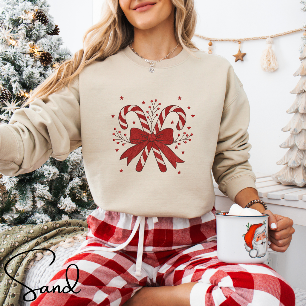 Festive Embroidered Christmas Sweatshirt | Candy Cane Design Gildan 18000 Sweatshirt