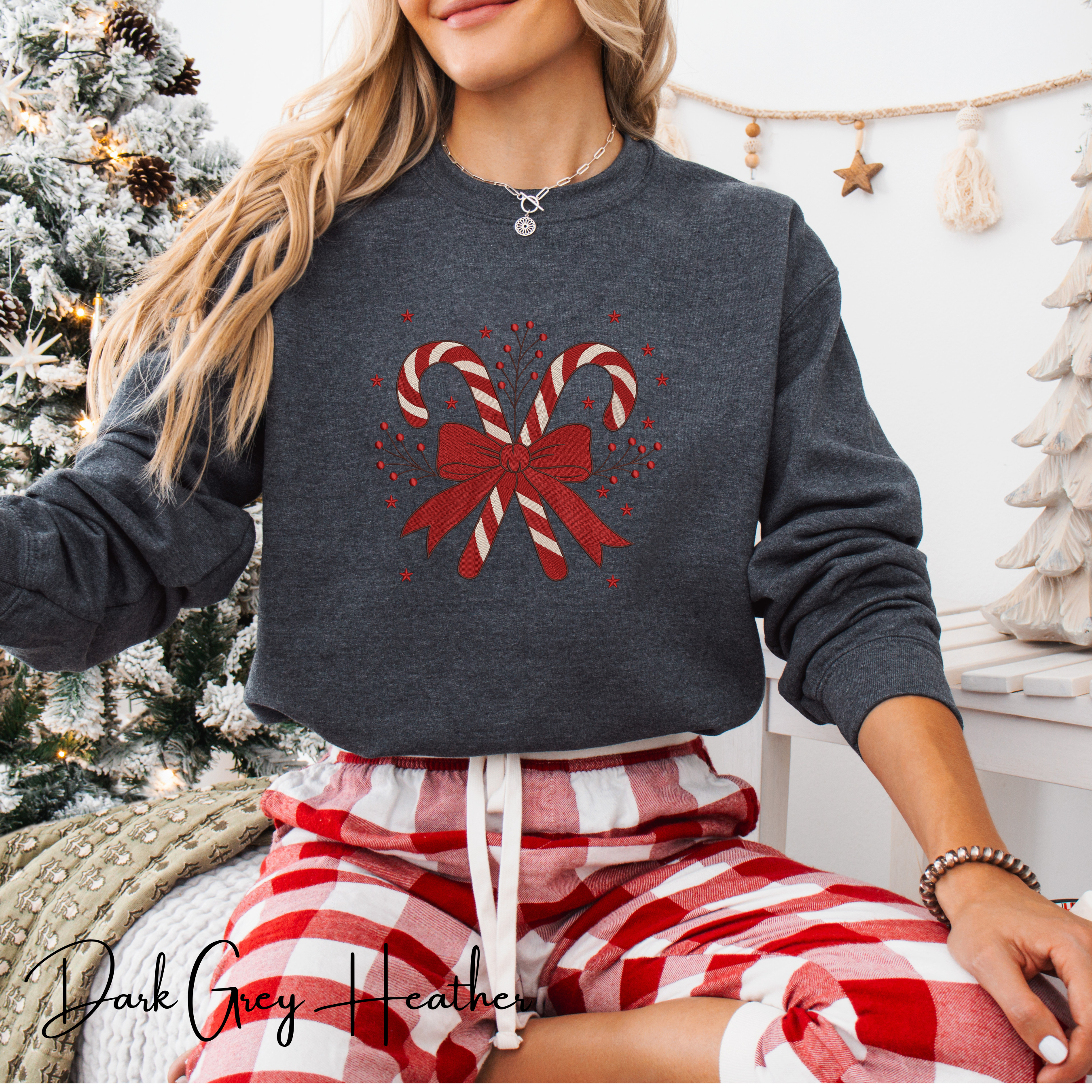 Festive Embroidered Christmas Sweatshirt | Candy Cane Design Gildan 18000 Sweatshirt