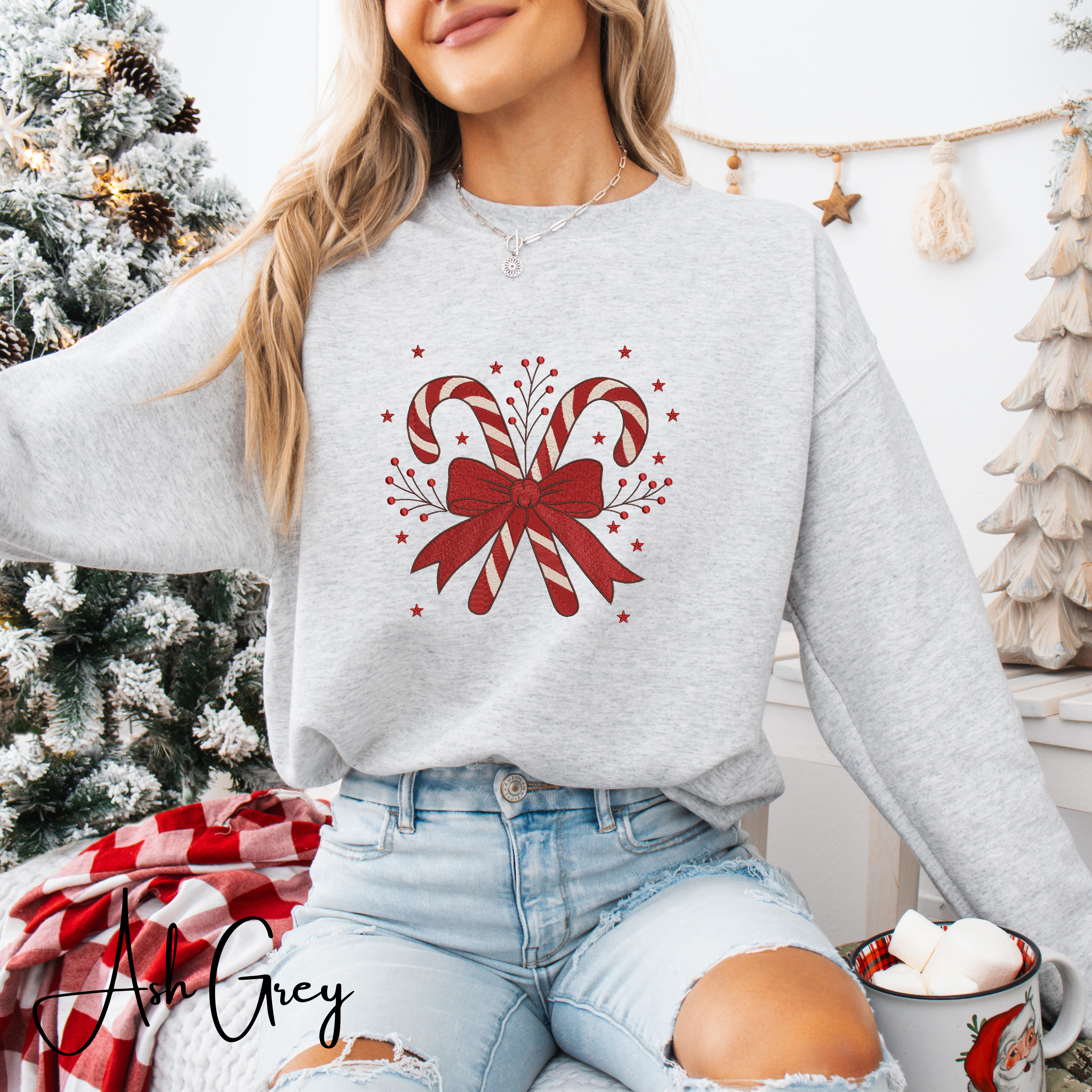Festive Embroidered Christmas Sweatshirt | Candy Cane Design Gildan 18000 Sweatshirt