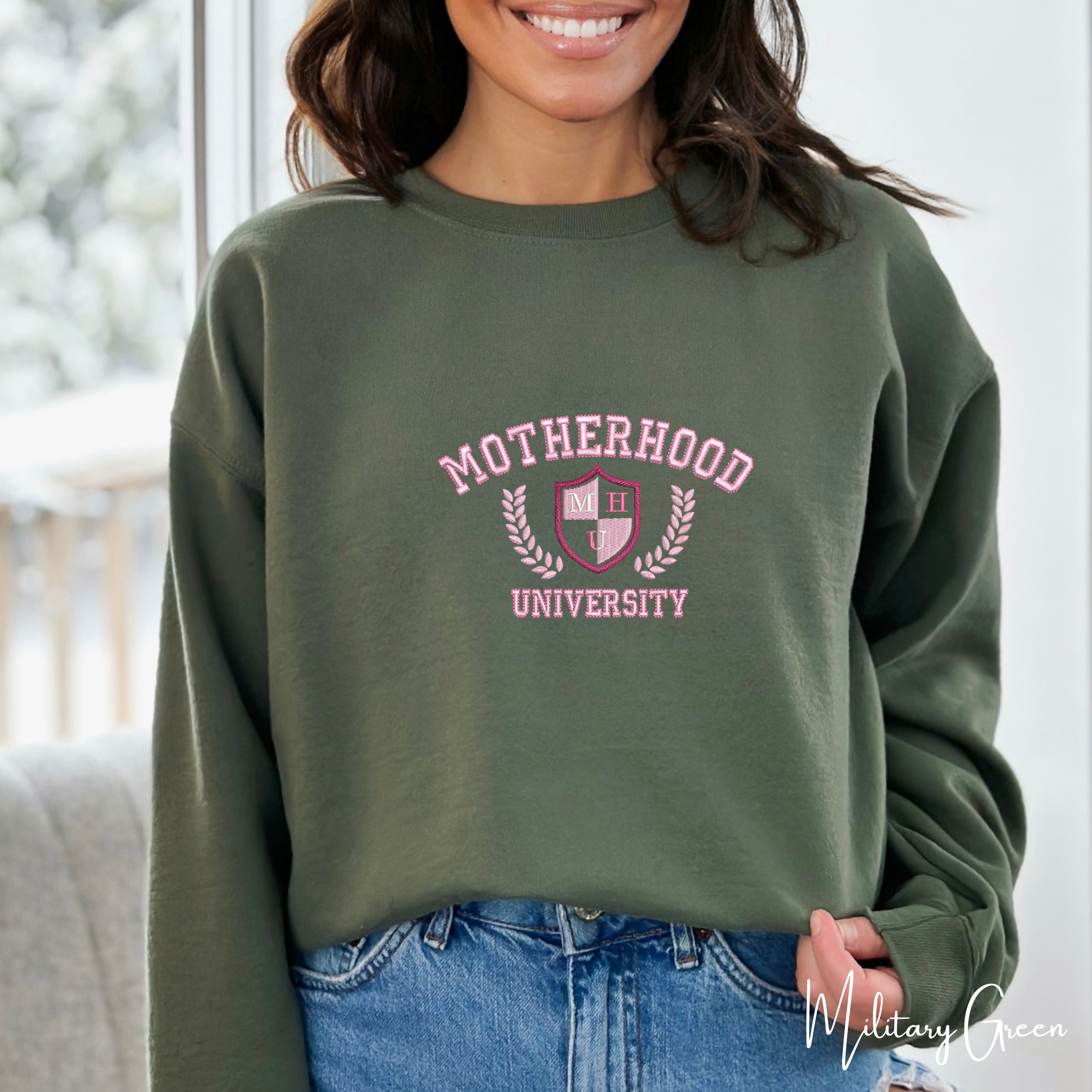 Motherhood University Embroidered Sweatshirt | Mum Life Gildan 18000 Sweatshirt