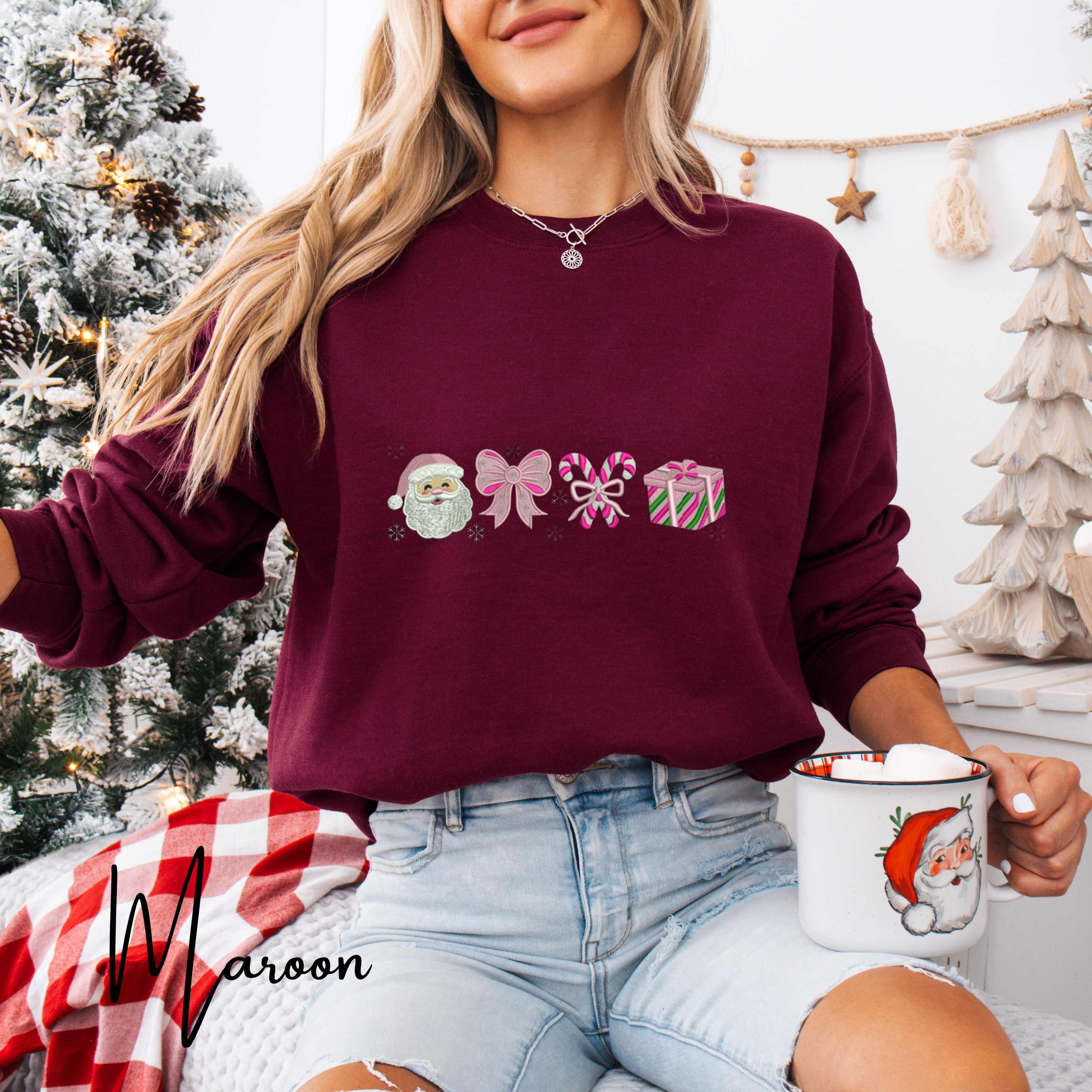 Embroidered Christmas Sweatshirt | Candy Cane Santa Holiday Pullover Gildan 18000 Sweatshirt