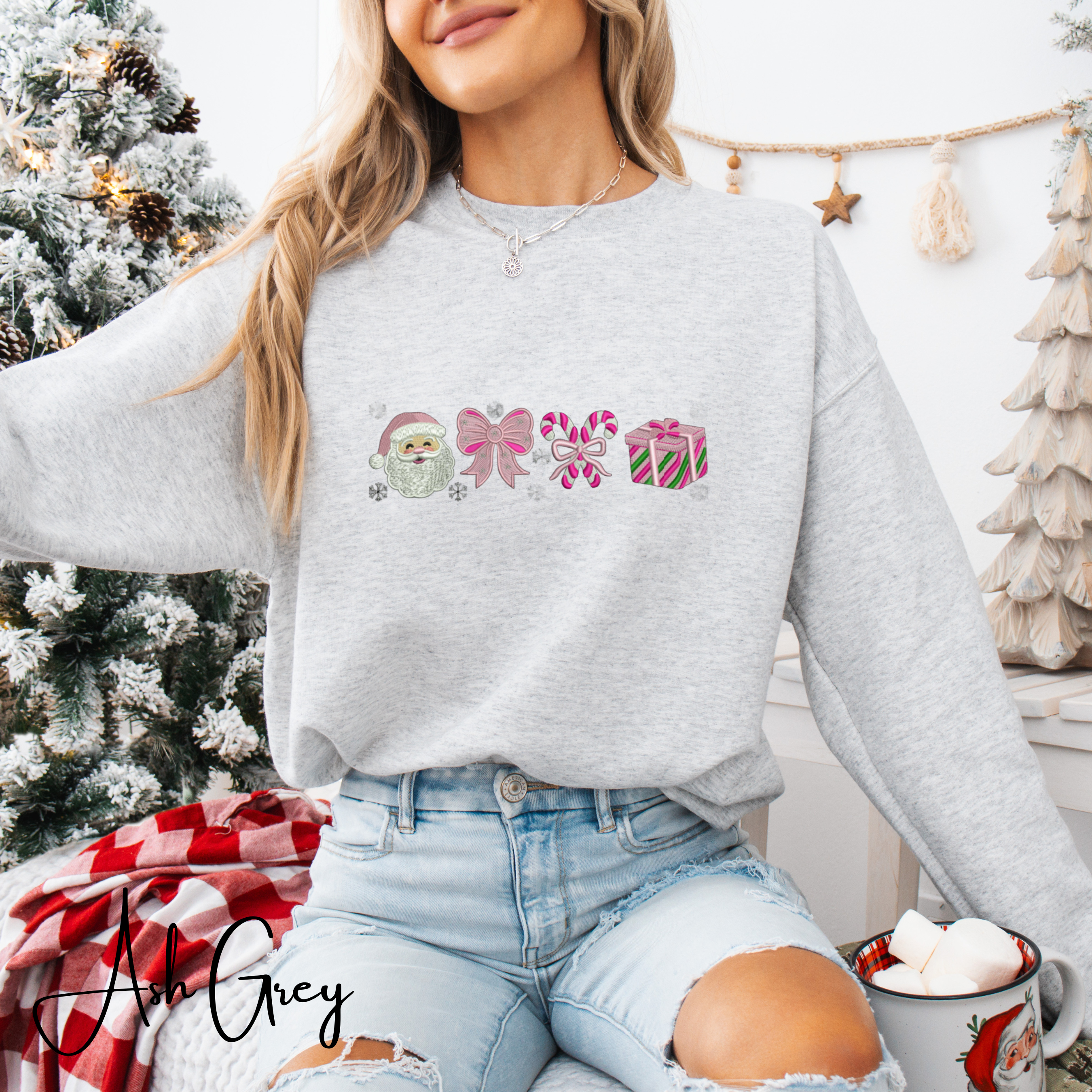 Embroidered Christmas Sweatshirt | Candy Cane Santa Holiday Pullover Gildan 18000 Sweatshirt