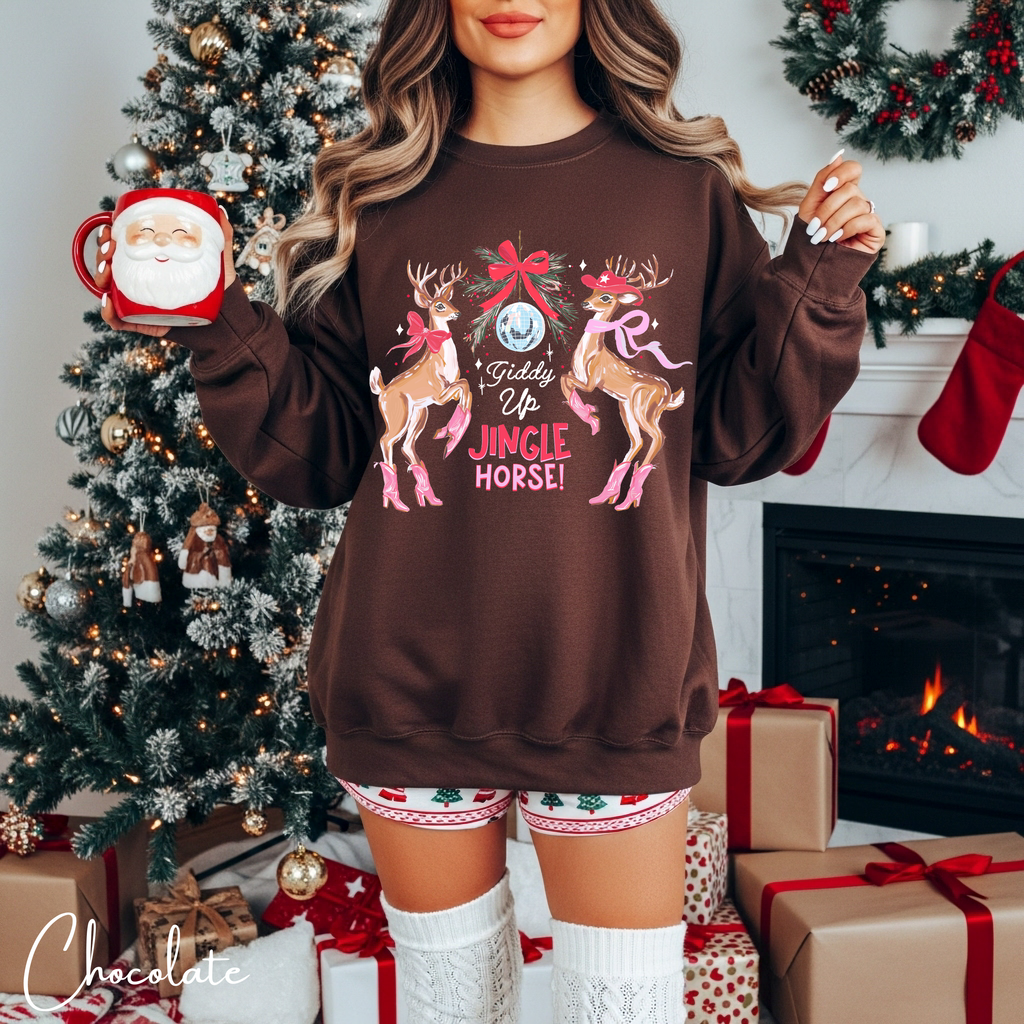 🎄🤠 Giddy Up Jingle Horse | Reindeer Disco Ball Christmas Gildan 18000 Sweatshirt