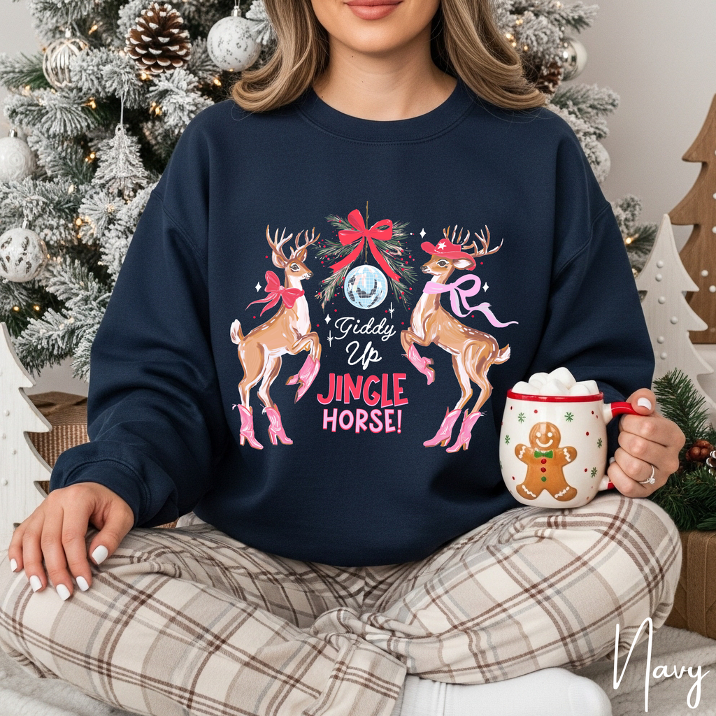 🎄🤠 Giddy Up Jingle Horse | Reindeer Disco Ball Christmas Gildan 18000 Sweatshirt