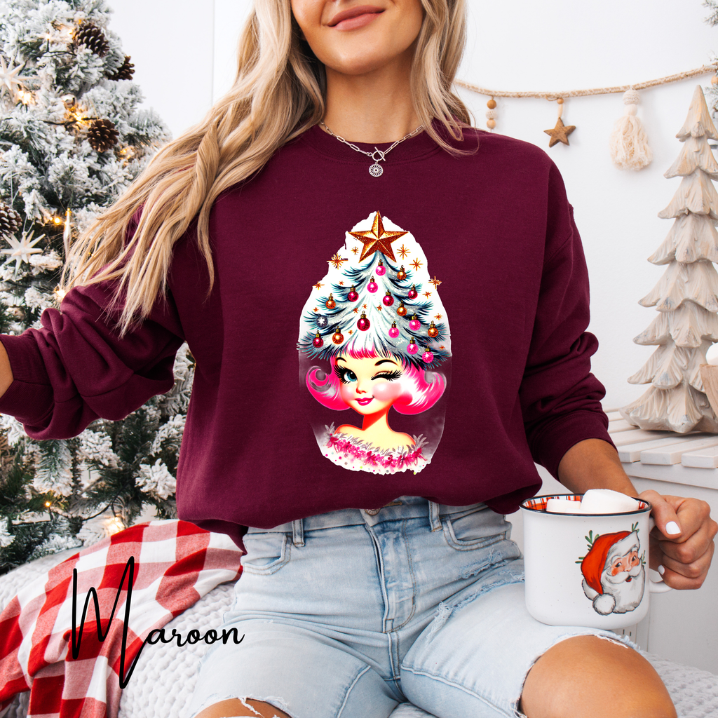 🎄💋 Christmas Tree Cutie Gildan 18000 Sweatshirt – Retro Pinup Holiday Crewneck • 50s Vintage Christmas Aesthetic
