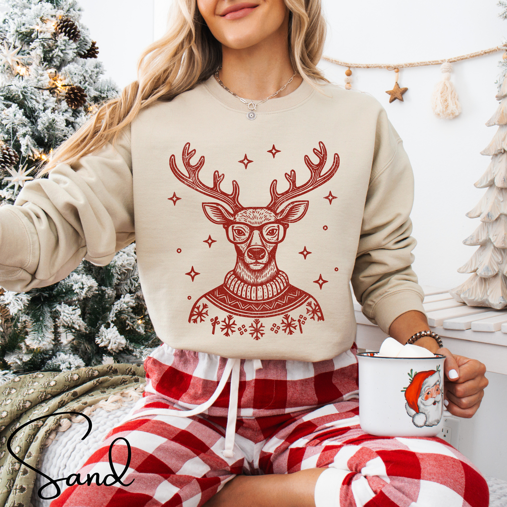 🦌🎄 Preppy Christmas Deer Sweatshirt – Gildan 18000 • Festive Turtleneck Sweater Deer with Glasses Holiday Crewneck