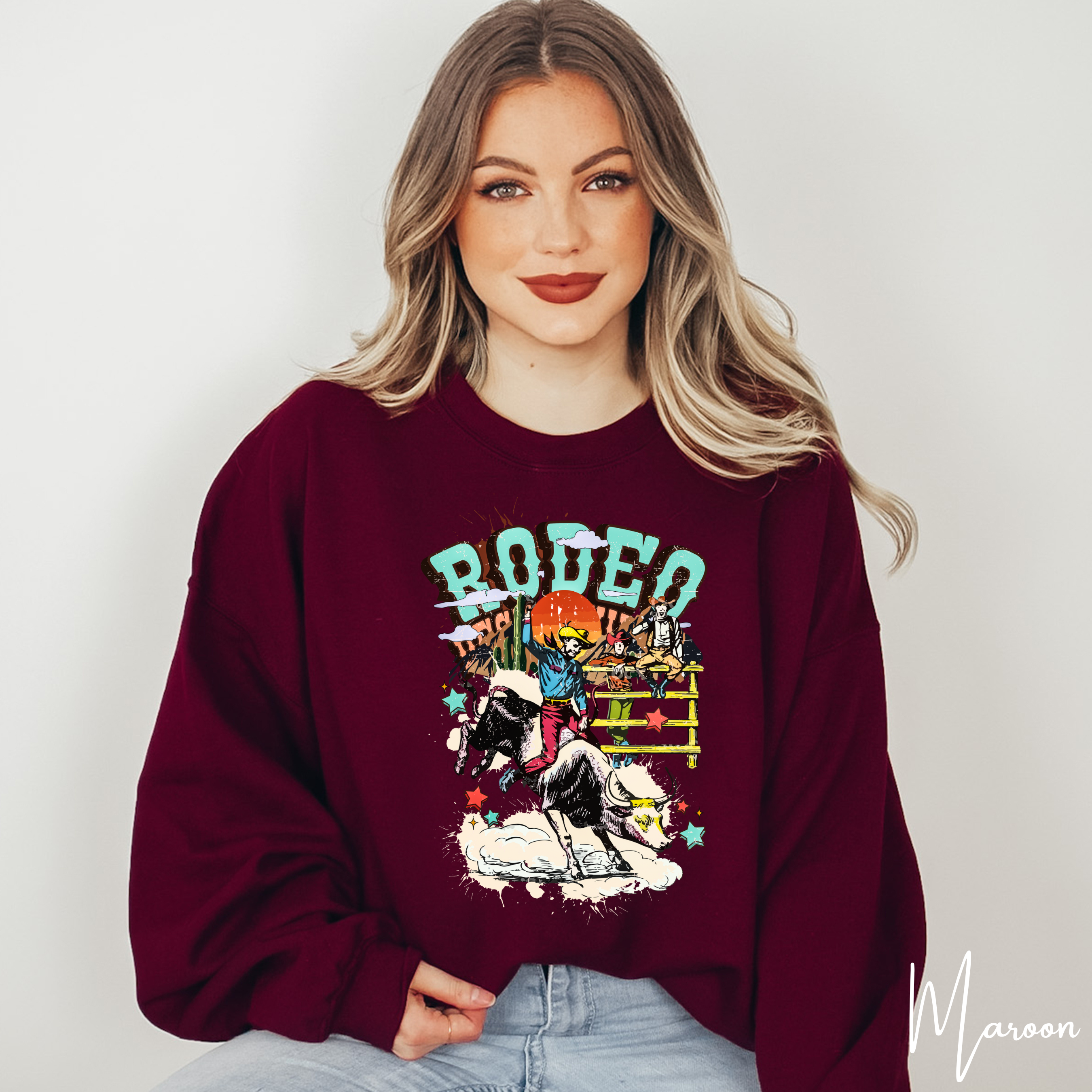 Vintage Rodeo Sweatshirt | Retro Cowboy & Bucking Bull Women’s Crewneck Gildan 18000 Sweatshirt