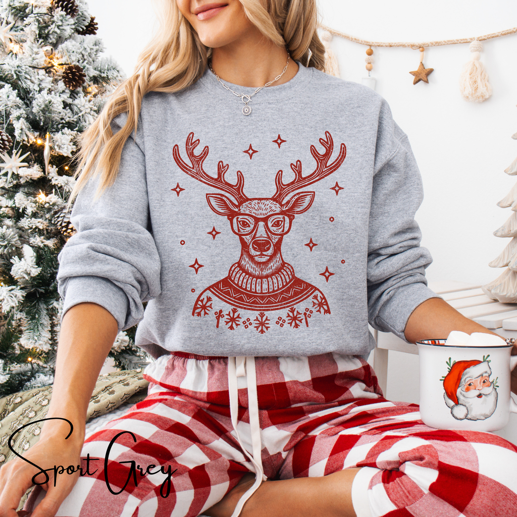 🦌🎄 Preppy Christmas Deer Sweatshirt – Gildan 18000 • Festive Turtleneck Sweater Deer with Glasses Holiday Crewneck