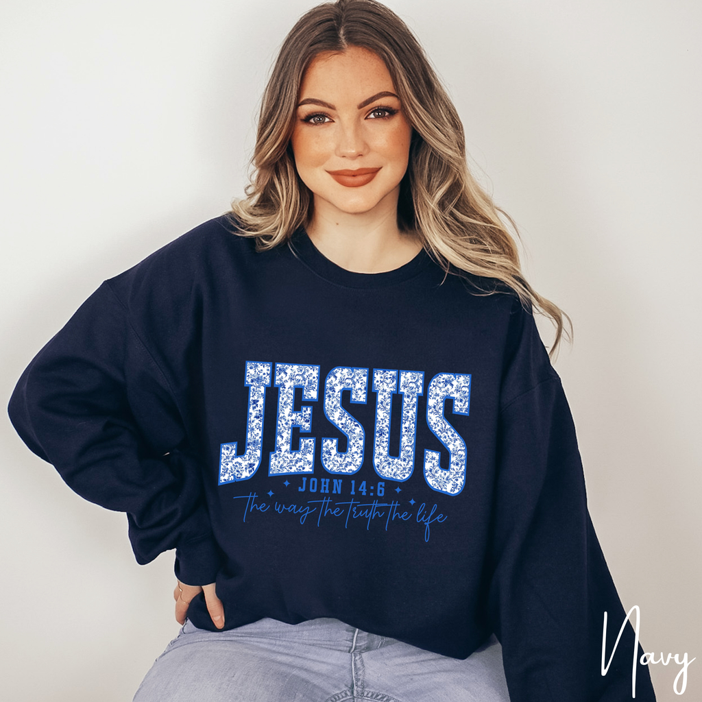 ✨ JESUS Floral Varsity Sweatshirt | Cozy Faith Gildan 18000 Crewneck | John 14:6 Faith Sweatshirt  ✨