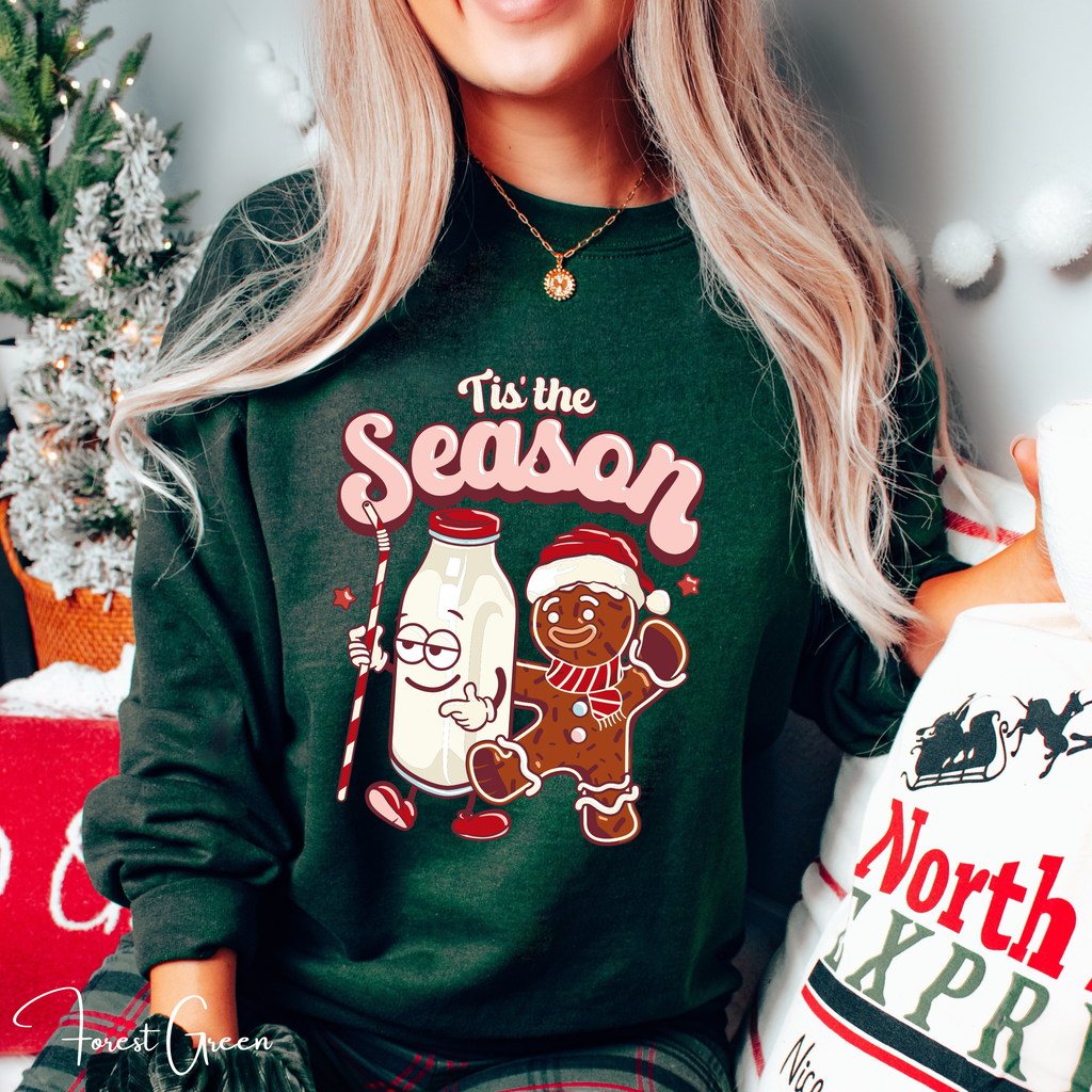 Tis the Season Retro Milk and Gingerbread Man Christmas Gildan 18000 Sweatshirt