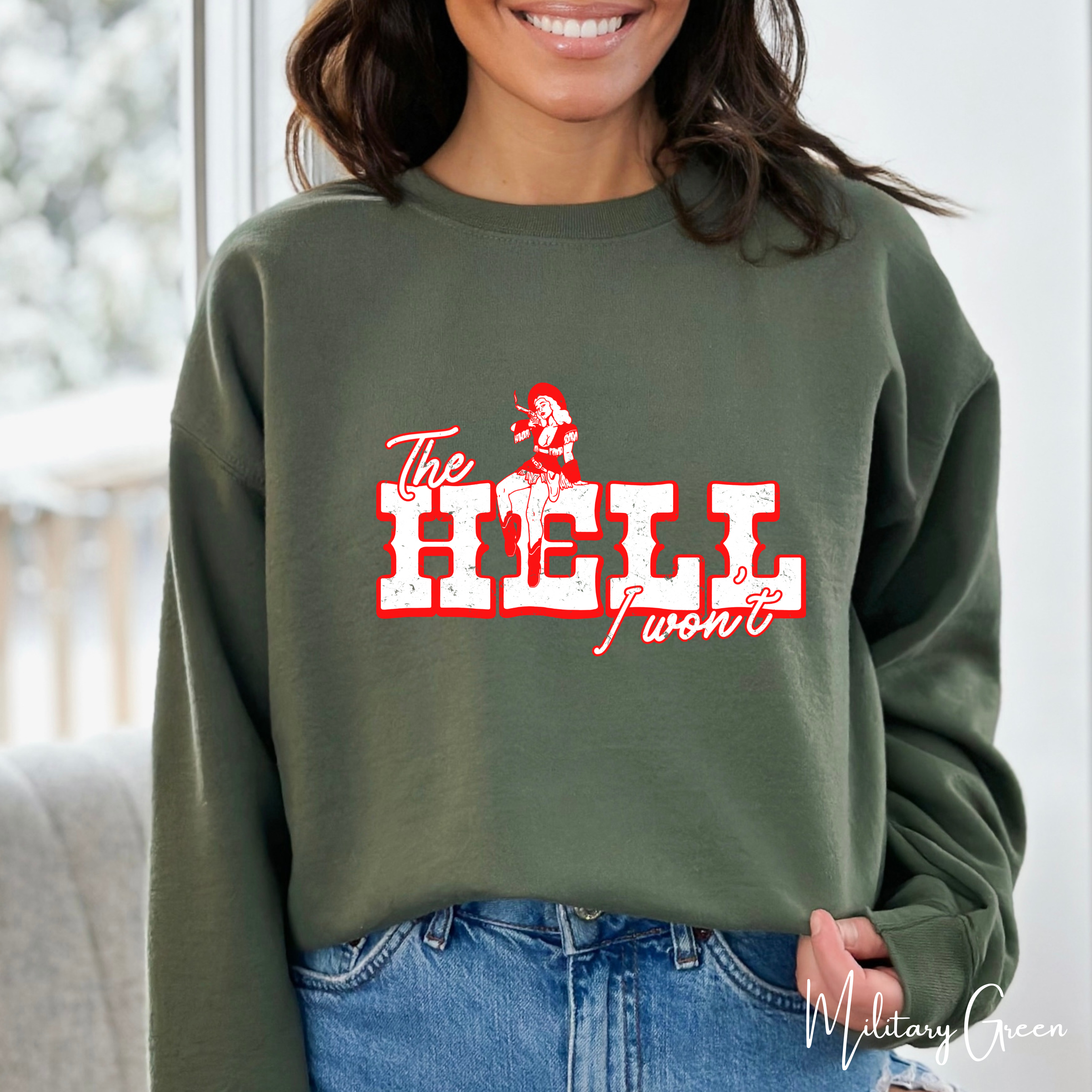 Western Grit Sweatshirt | Vintage Cowgirl “The Hell I Won’t” Graphic Gildan 18000 Sweatshirt