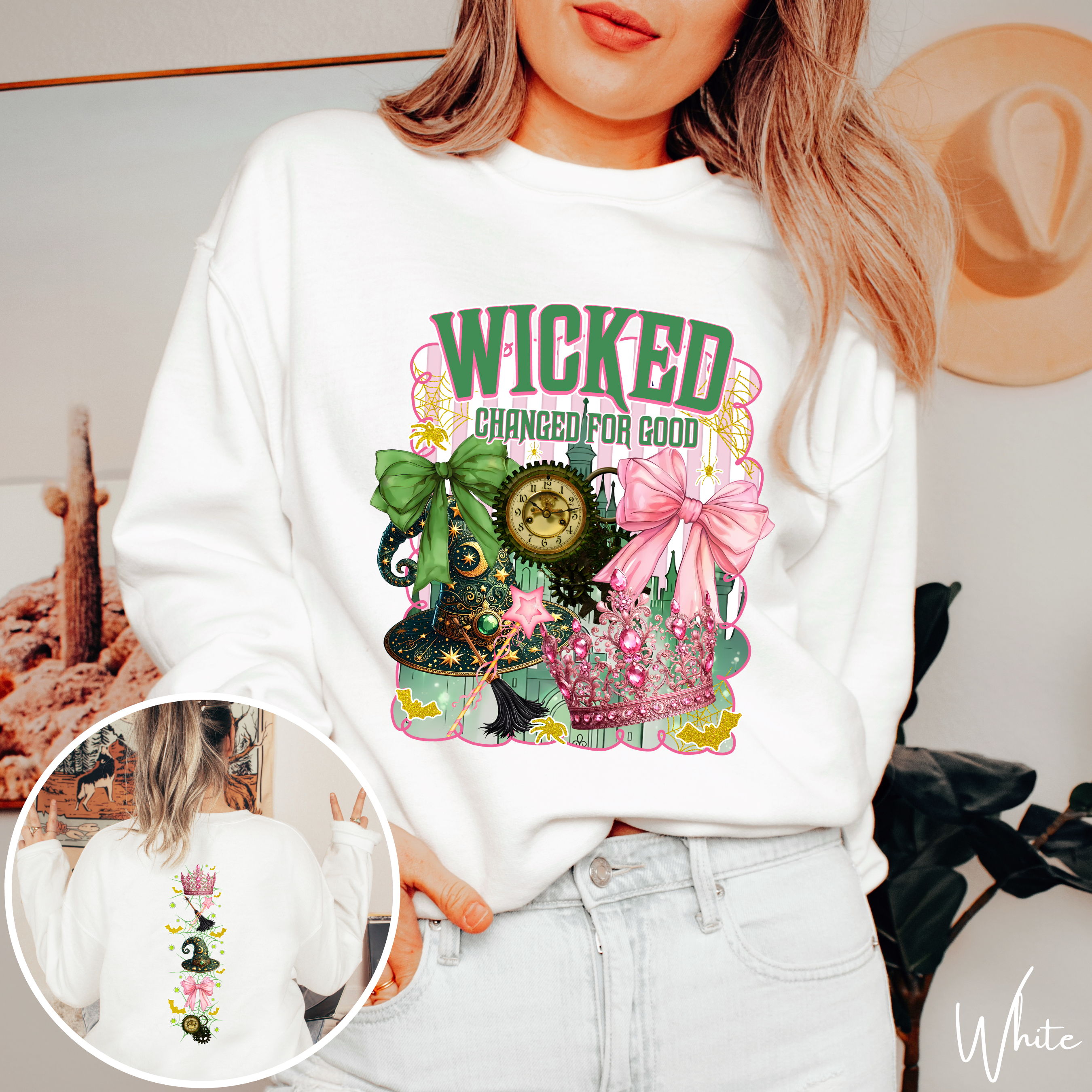 ✨ Wicked “Defying Gravity” Gildan 18000 Sweatshirt 🌙💚💗 | Magical Coquette Front & Back Design 🧙‍♀️🎀