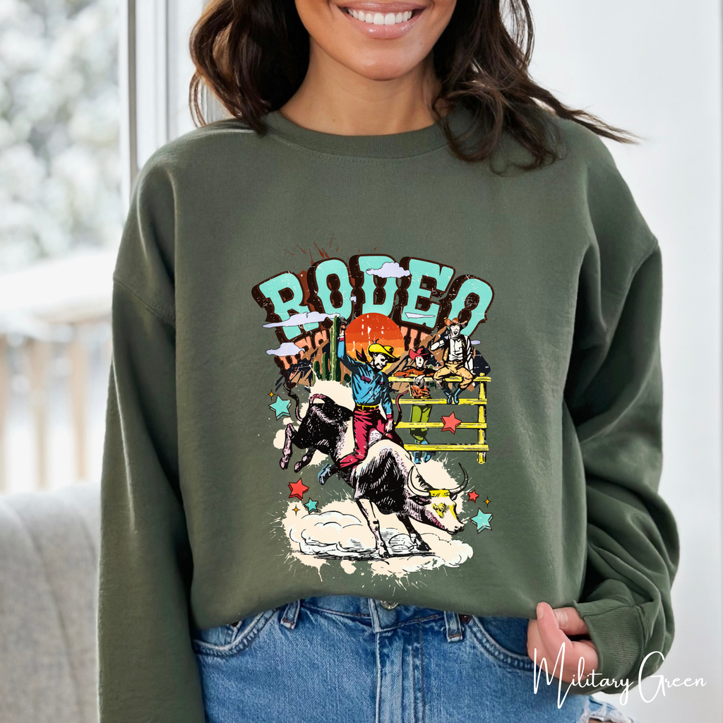 Vintage Rodeo Sweatshirt | Retro Cowboy & Bucking Bull Women’s Crewneck Gildan 18000 Sweatshirt
