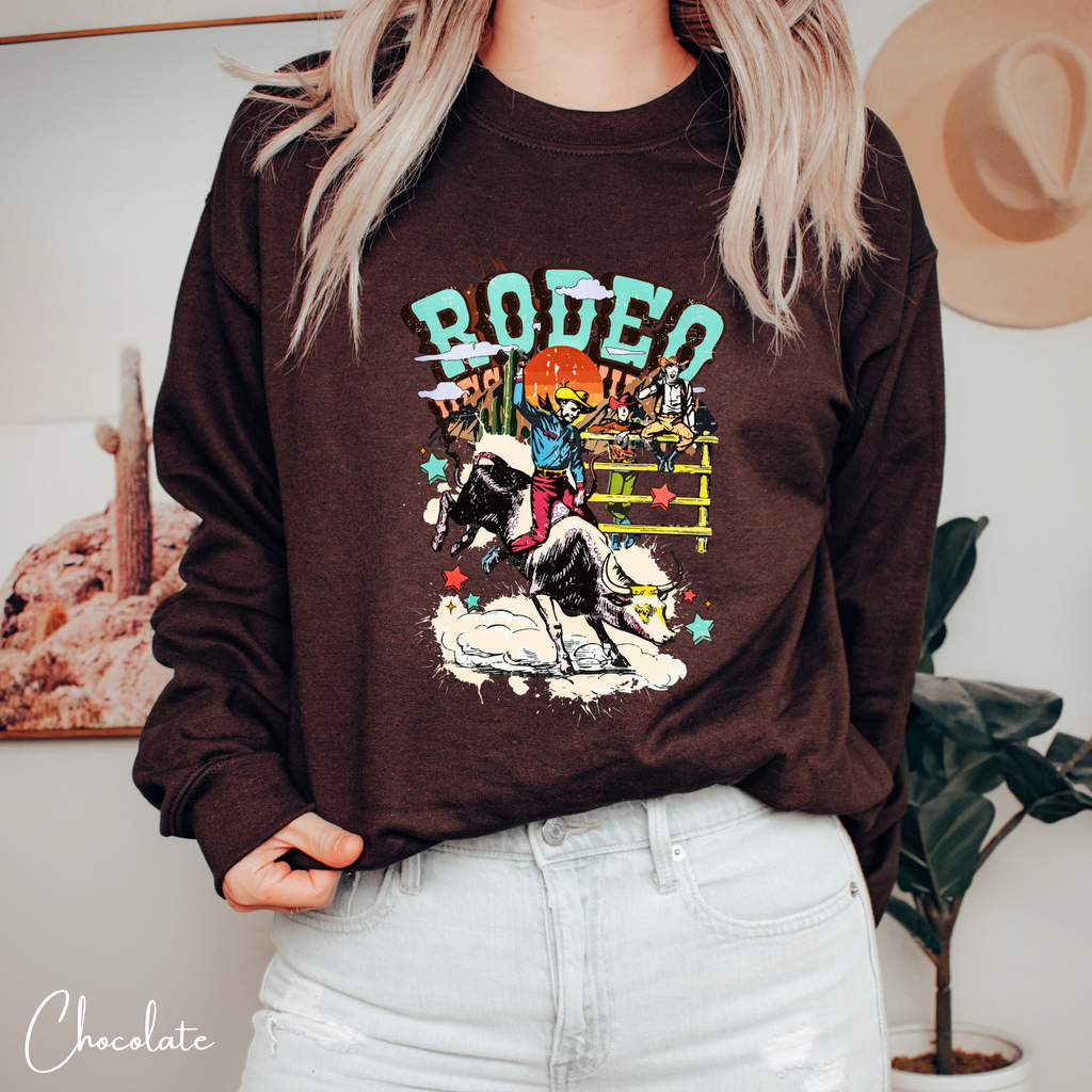 Vintage Rodeo Sweatshirt | Retro Cowboy & Bucking Bull Women’s Crewneck Gildan 18000 Sweatshirt