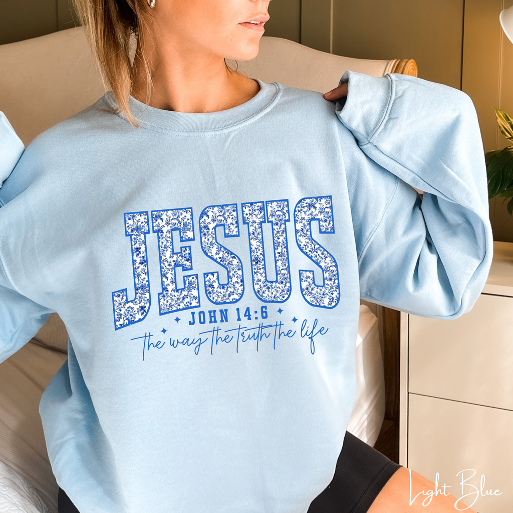 ✨ JESUS Floral Varsity Sweatshirt | Cozy Faith Gildan 18000 Crewneck | John 14:6 Faith Sweatshirt  ✨