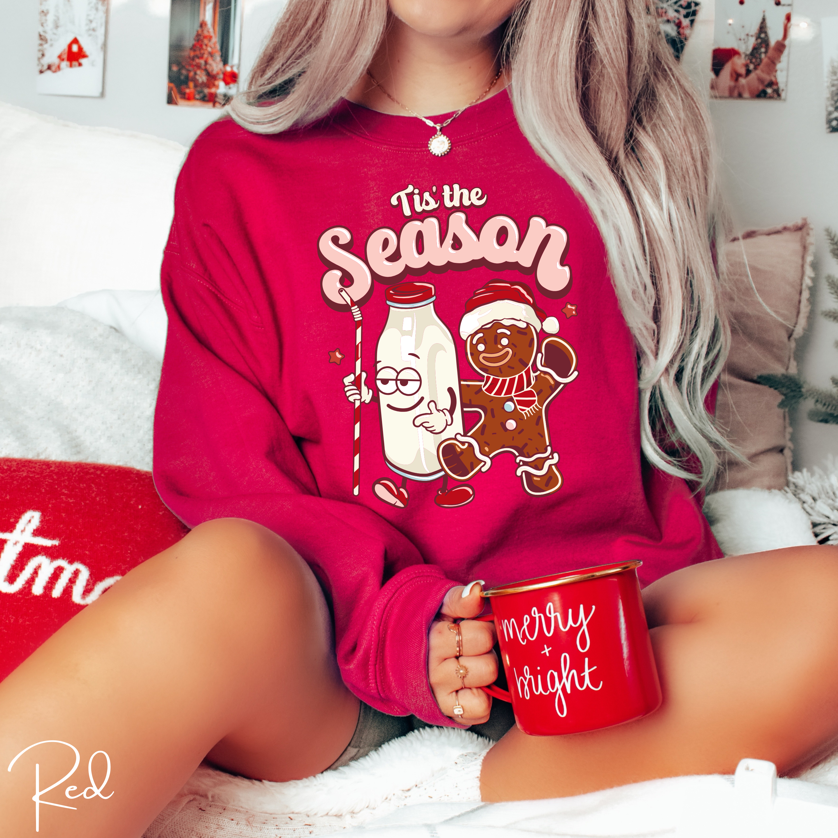 Tis the Season Retro Milk and Gingerbread Man Christmas Gildan 18000 Sweatshirt