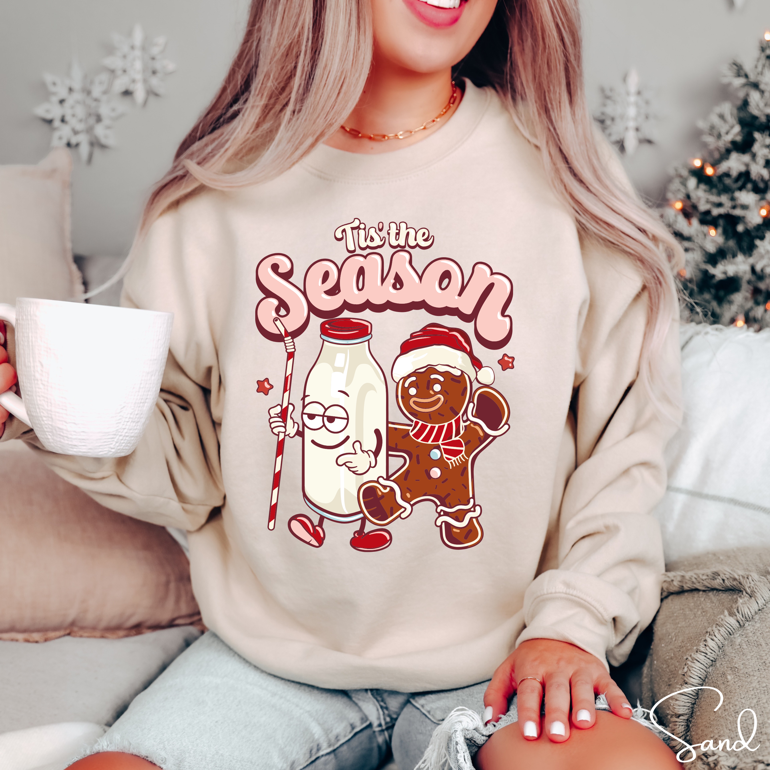 Tis the Season Retro Milk and Gingerbread Man Christmas Gildan 18000 Sweatshirt