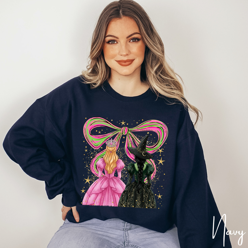 ✨ Wicked Besties Gildan 18000 Sweatshirt 💚💗 | Sparkly Hand-Drawn Elphaba & Glinda + Coquette Bow 🎀
