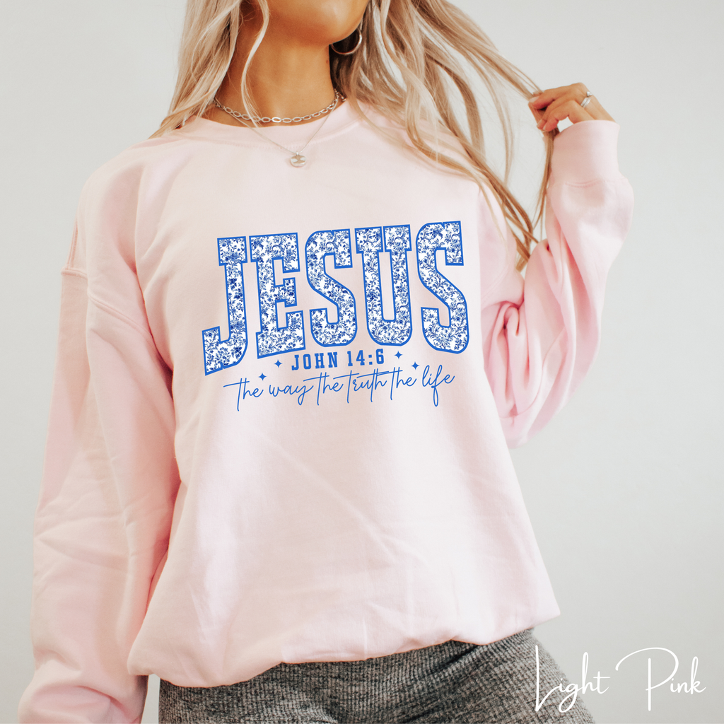 ✨ JESUS Floral Varsity Sweatshirt | Cozy Faith Gildan 18000 Crewneck | John 14:6 Faith Sweatshirt  ✨