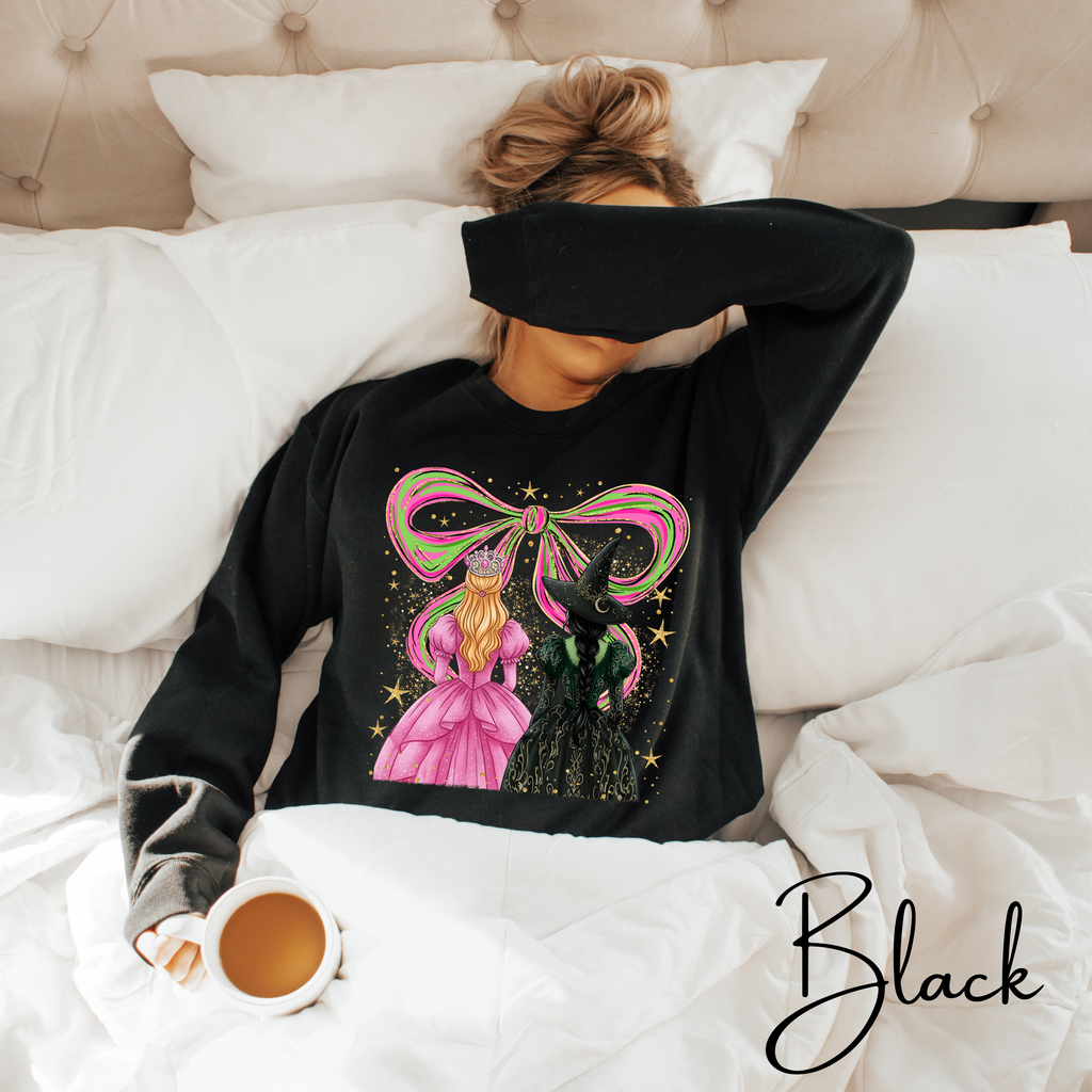 ✨ Wicked Besties Gildan 18000 Sweatshirt 💚💗 | Sparkly Hand-Drawn Elphaba & Glinda + Coquette Bow 🎀
