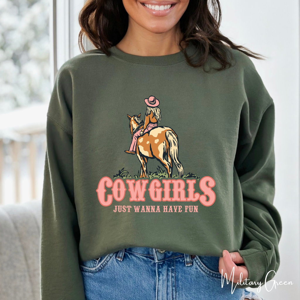 2. Retro Cowgirl Sweatshirt | “Cowgirls Just Want to Have Fun” Western Graphic Gildan 18000 Sweatshirt