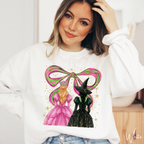 ✨ Wicked Besties Gildan 18000 Sweatshirt 💚💗 | Sparkly Hand-Drawn Elphaba & Glinda + Coquette Bow 🎀