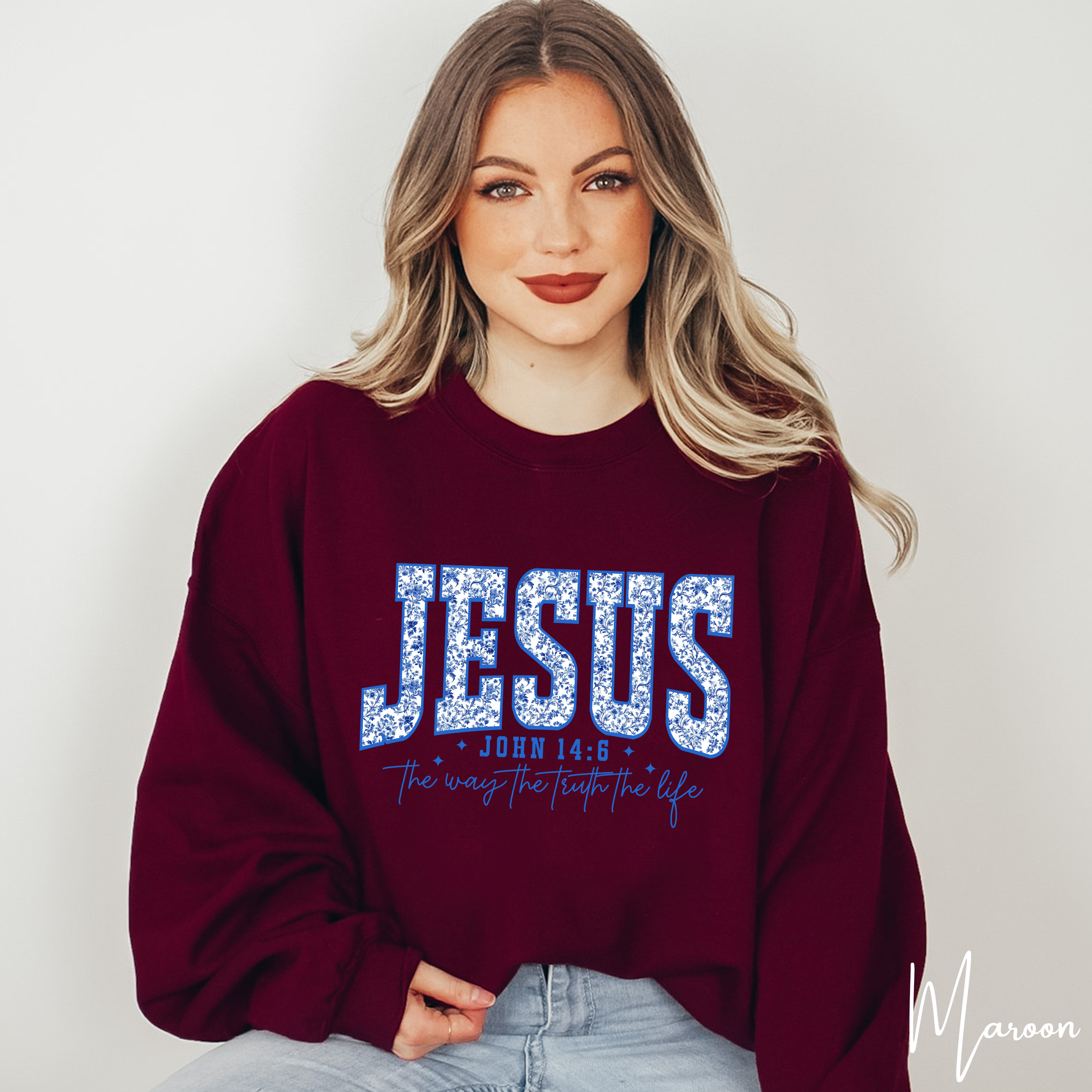 ✨ JESUS Floral Varsity Sweatshirt | Cozy Faith Gildan 18000 Crewneck | John 14:6 Faith Sweatshirt  ✨