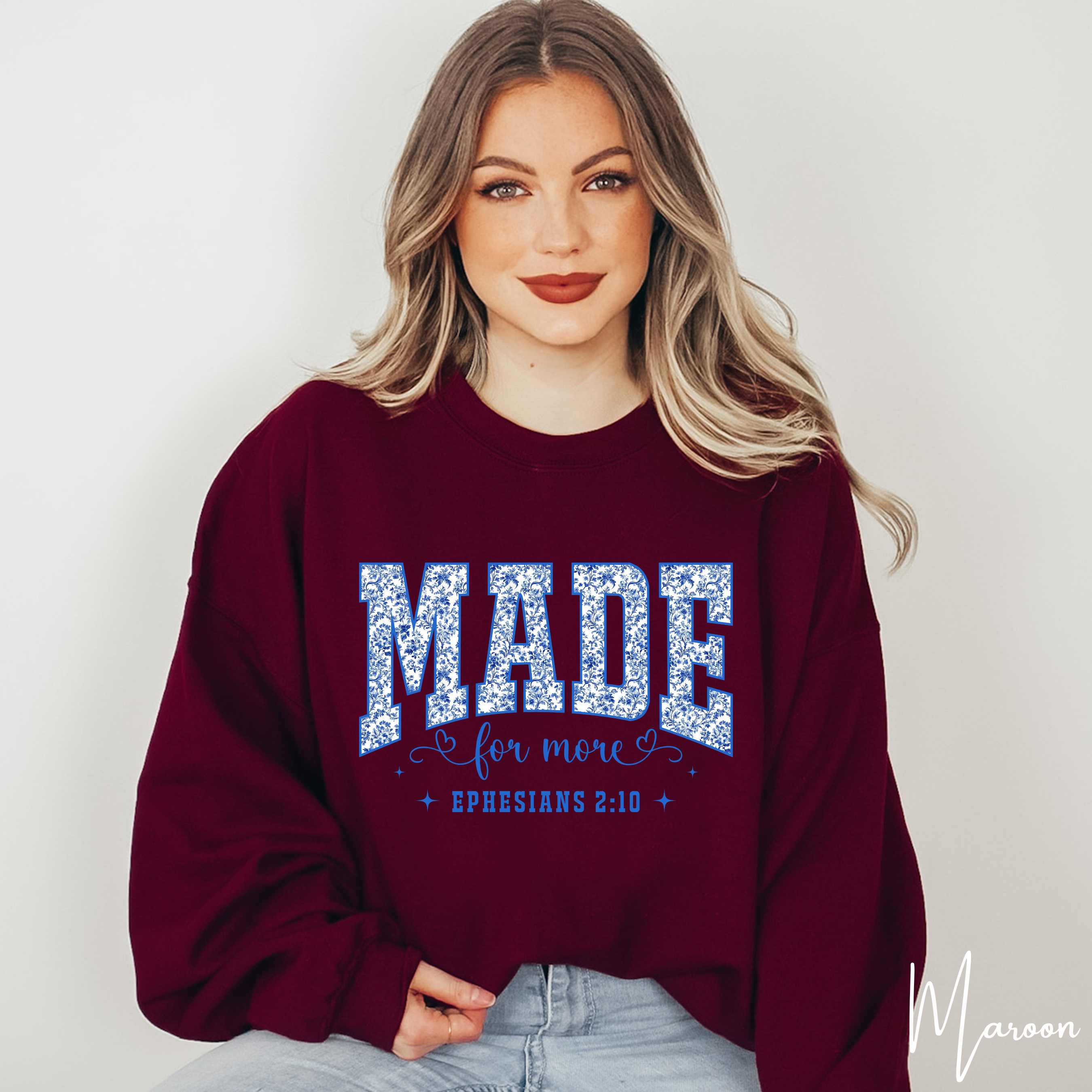 ✨ Gildan 18000 “MADE” Floral Varsity Sweatshirt | Made for More | Ephesians 2:10 | Cozy Christian Crew ✨
