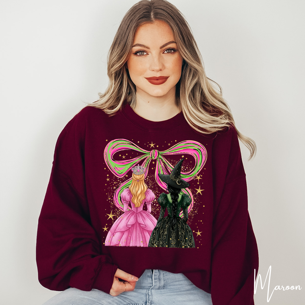 ✨ Wicked Besties Gildan 18000 Sweatshirt 💚💗 | Sparkly Hand-Drawn Elphaba & Glinda + Coquette Bow 🎀