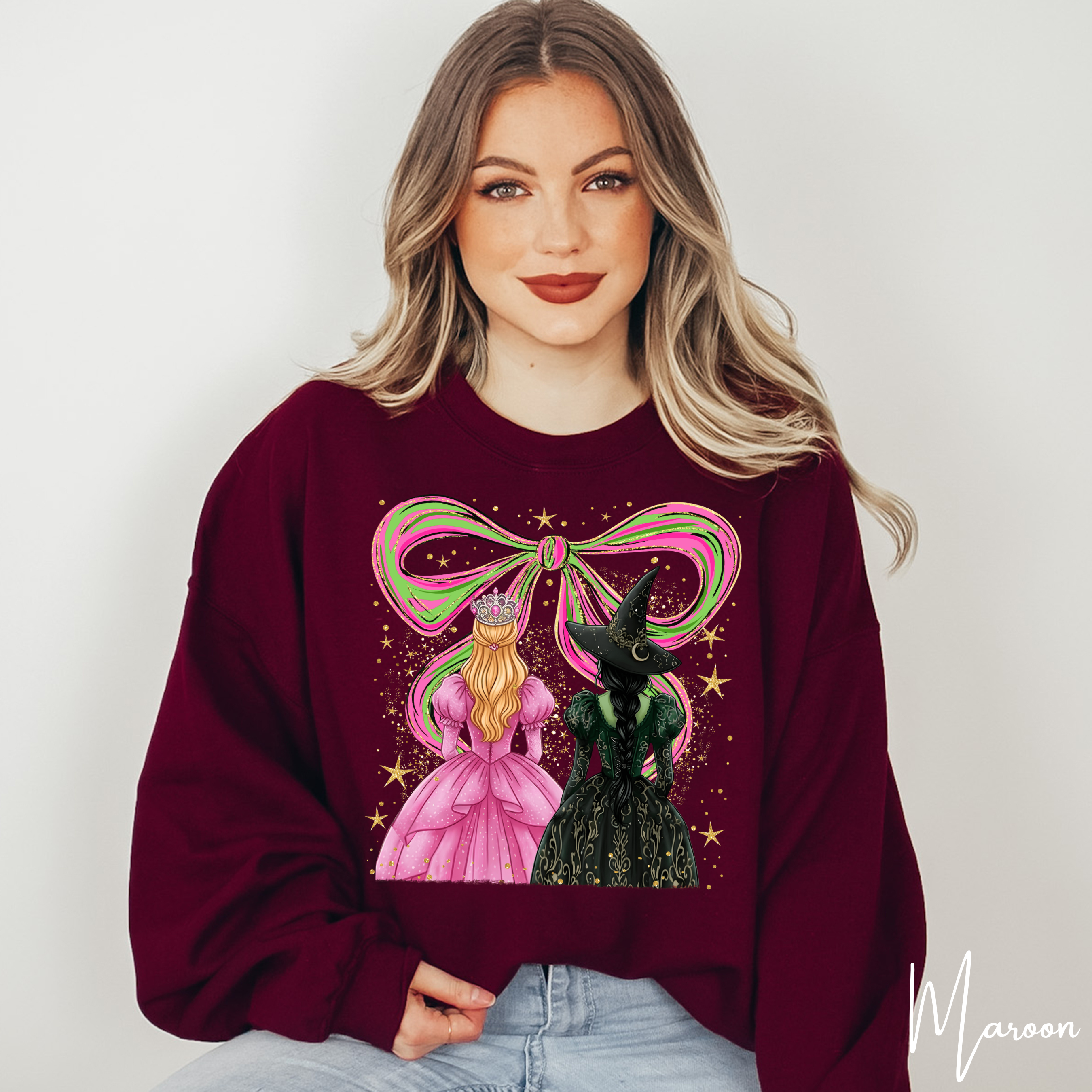✨ Wicked Besties Gildan 18000 Sweatshirt 💚💗 | Sparkly Hand-Drawn Elphaba & Glinda + Coquette Bow 🎀