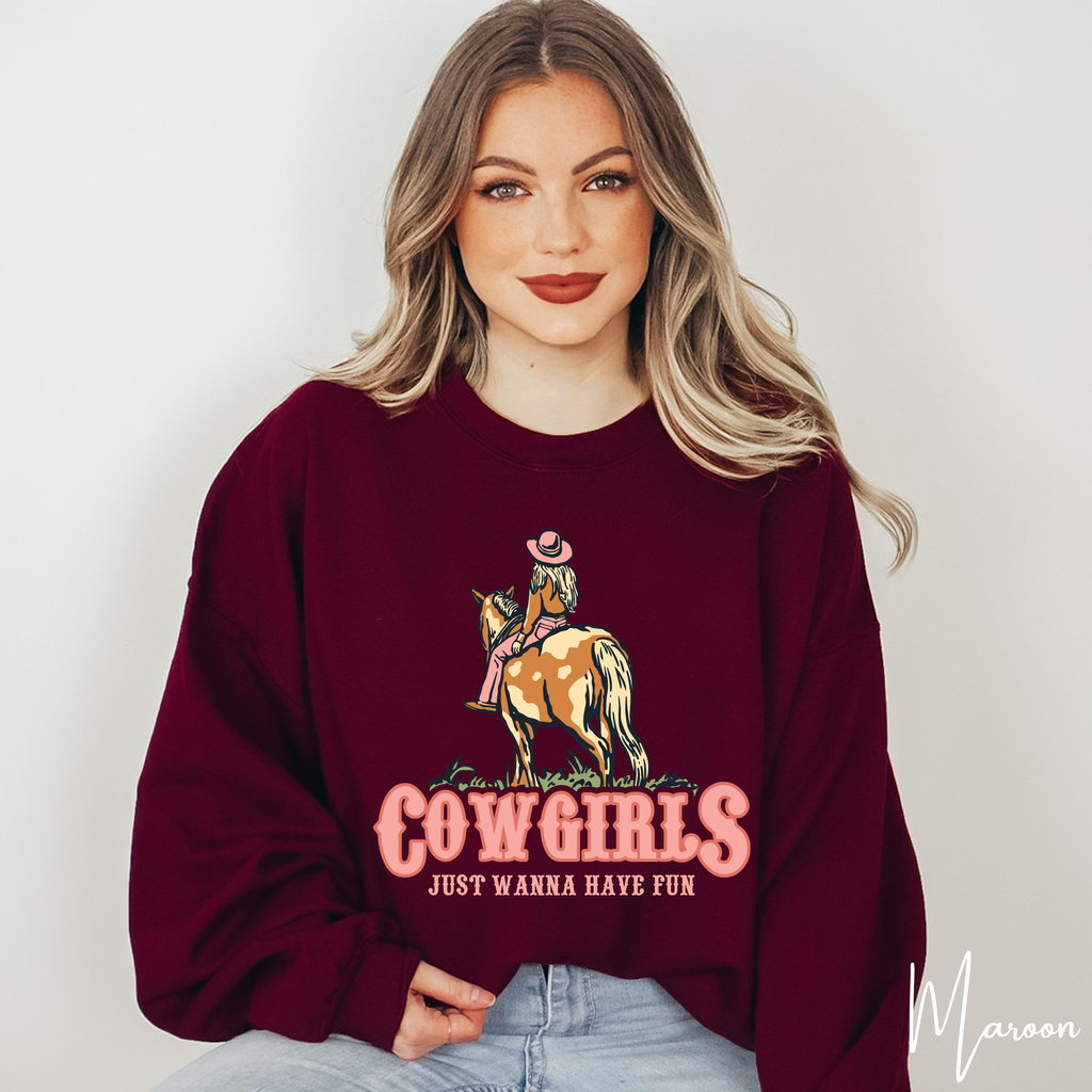 2. Retro Cowgirl Sweatshirt | “Cowgirls Just Want to Have Fun” Western Graphic Gildan 18000 Sweatshirt