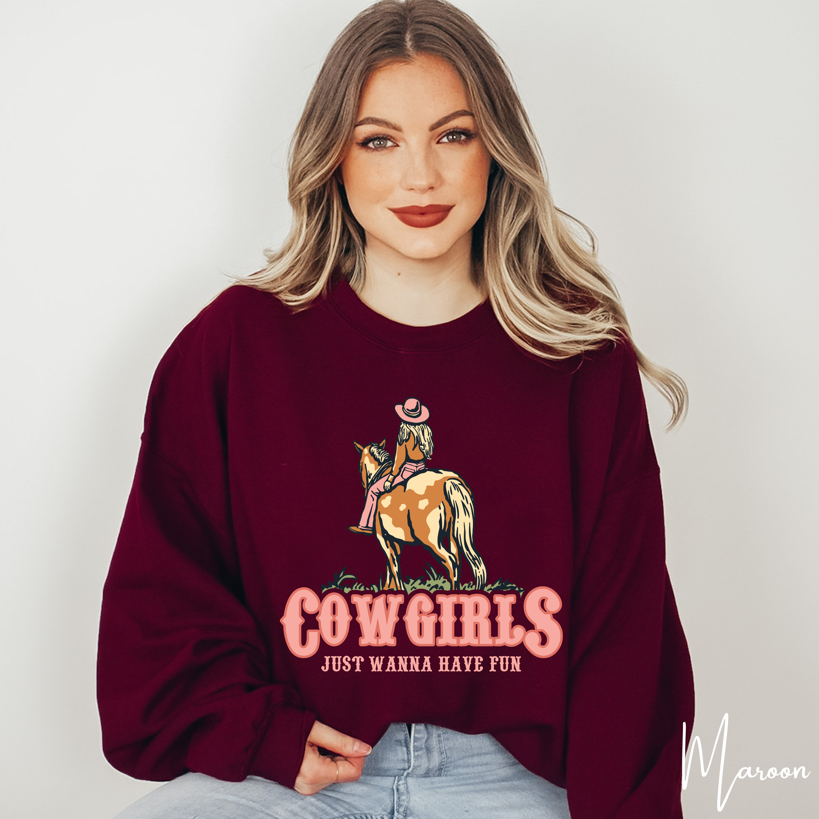 2. Retro Cowgirl Sweatshirt | “Cowgirls Just Want to Have Fun” Western Graphic Gildan 18000 Sweatshirt