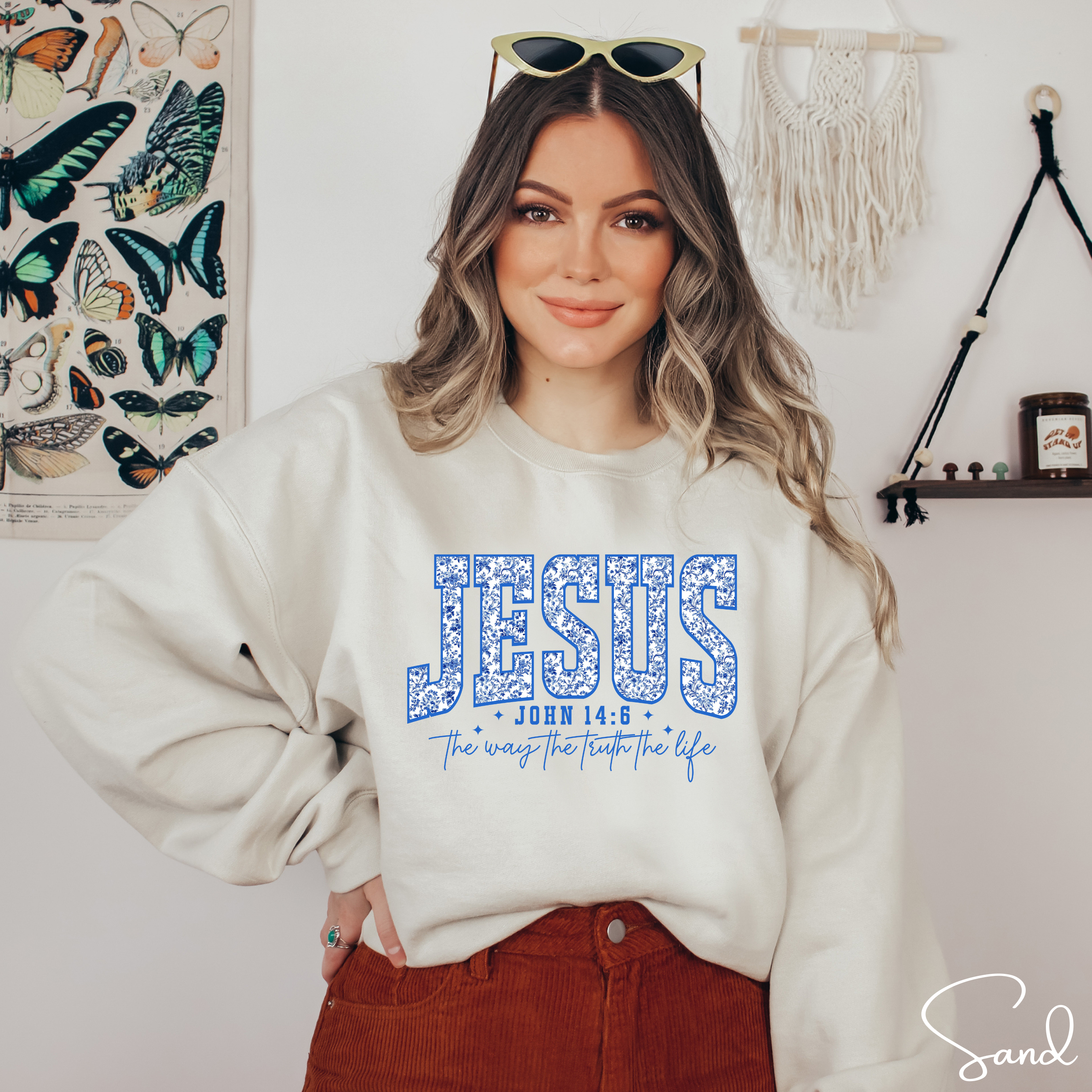 ✨ JESUS Floral Varsity Sweatshirt | Cozy Faith Gildan 18000 Crewneck | John 14:6 Faith Sweatshirt  ✨